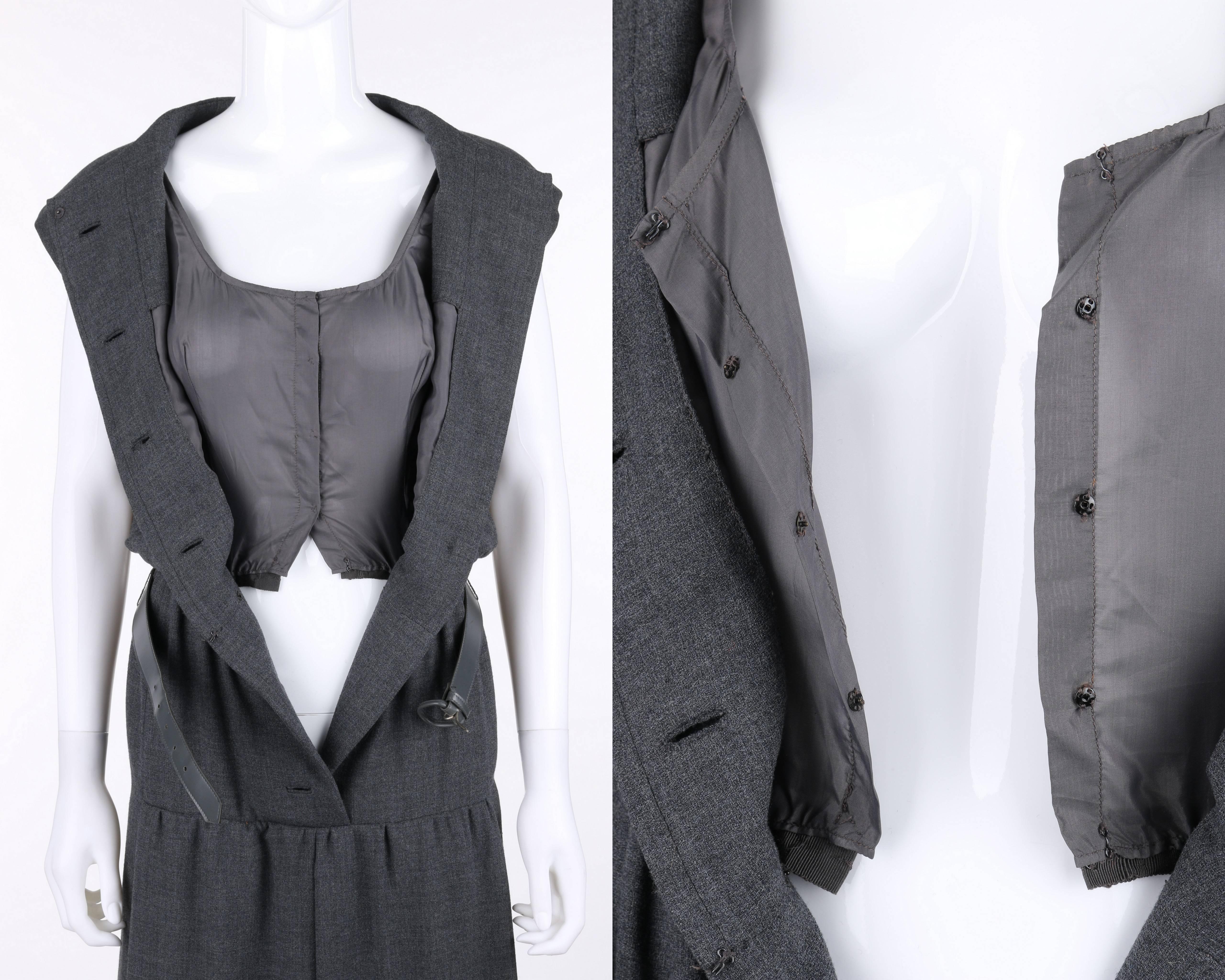 GEOFFREY BEENE c.1960's Gray Wool Button Front Belted Shift Dress 2