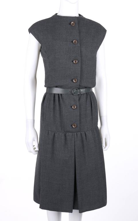 GEOFFREY BEENE c.1960's Gray Wool Button Front Belted Shift Dress For ...