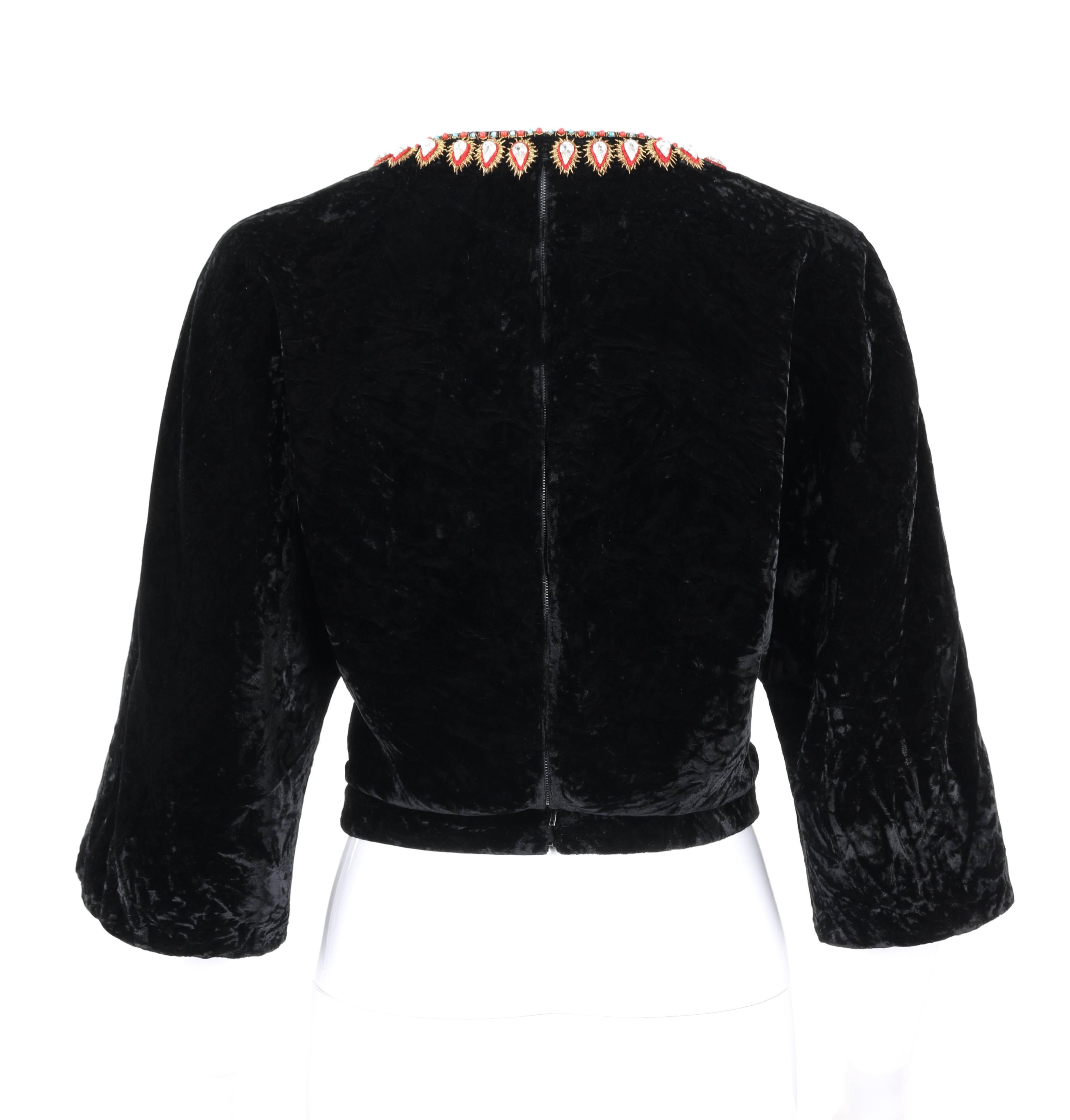 Women's GUCCI c.1970s Black Crushed Velvet Bead Embellished Bohemian Cropped Blouse RARE For Sale