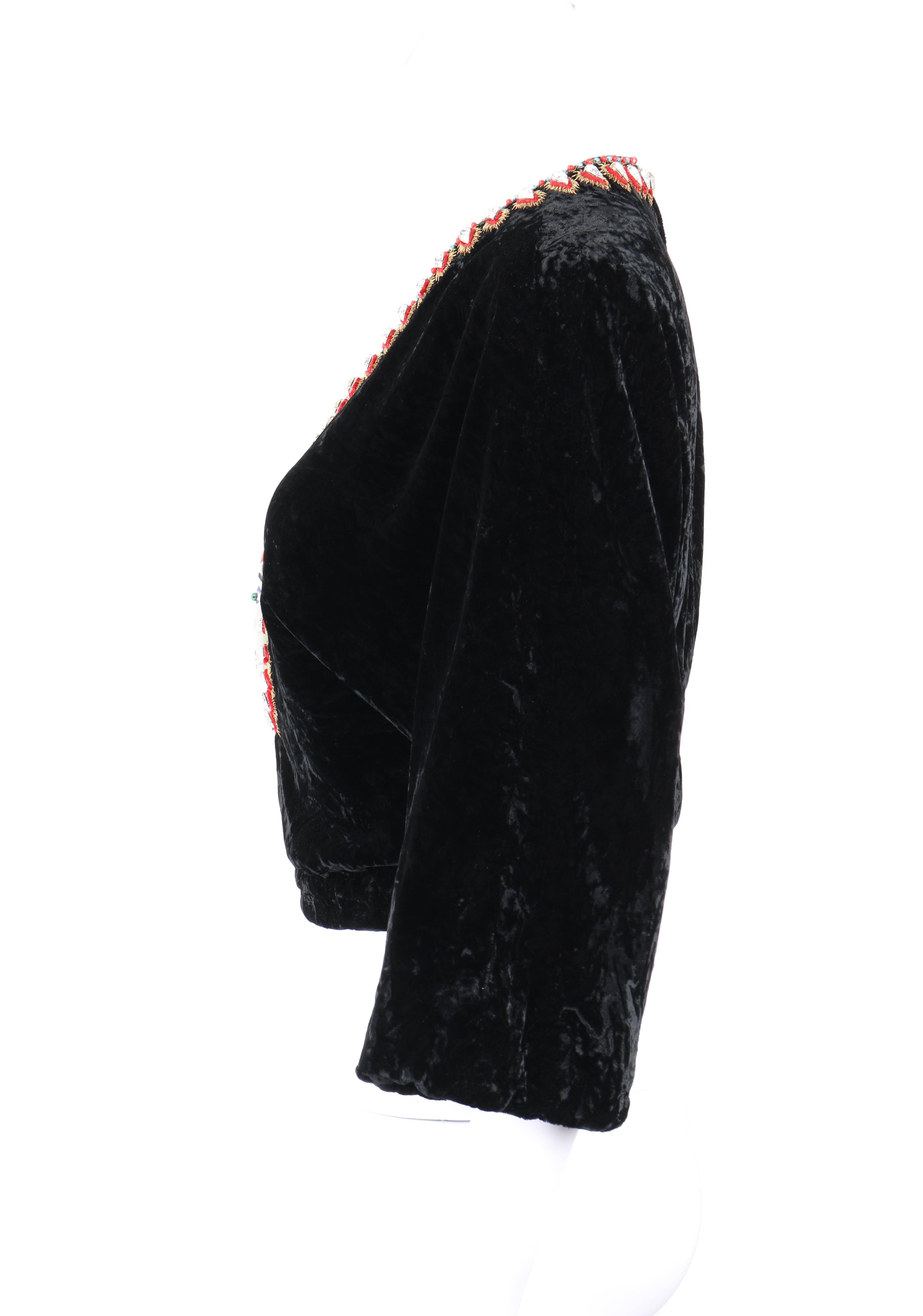 GUCCI c.1970s Black Crushed Velvet Bead Embellished Bohemian Cropped Blouse RARE For Sale 1