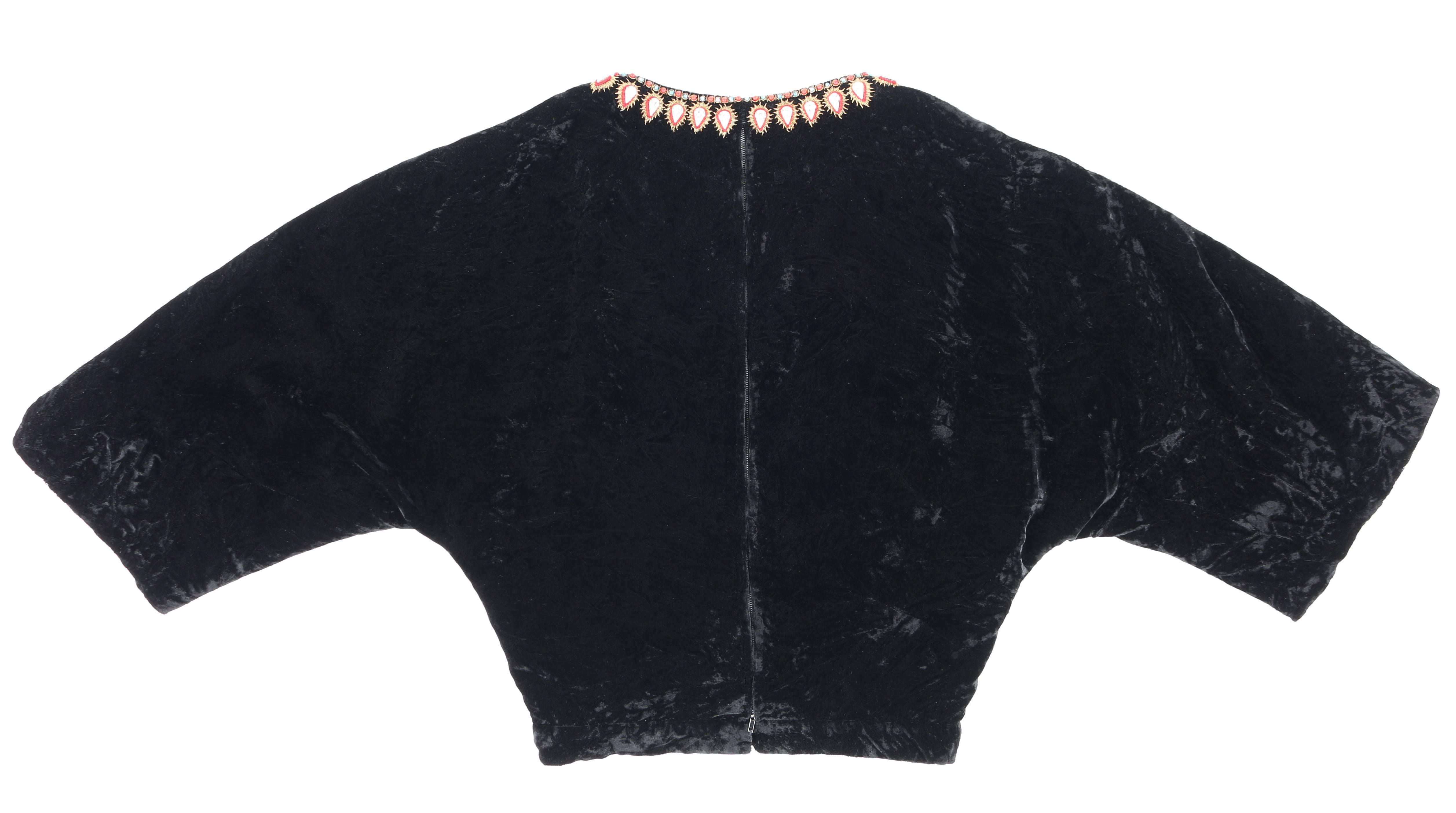 GUCCI c.1970s Black Crushed Velvet Bead Embellished Bohemian Cropped Blouse RARE For Sale 2