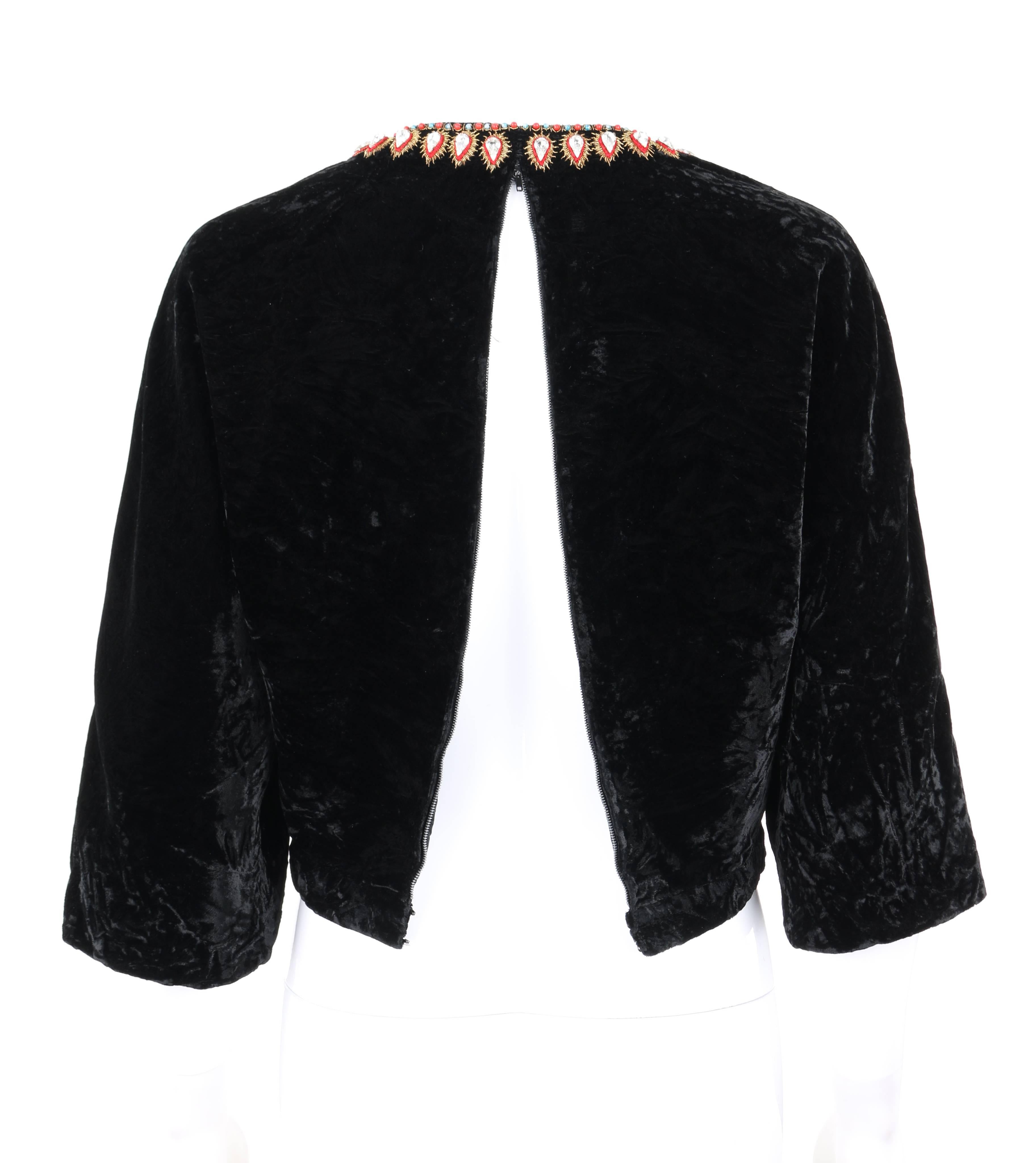 GUCCI c.1970s Black Crushed Velvet Bead Embellished Bohemian Cropped Blouse RARE For Sale 4