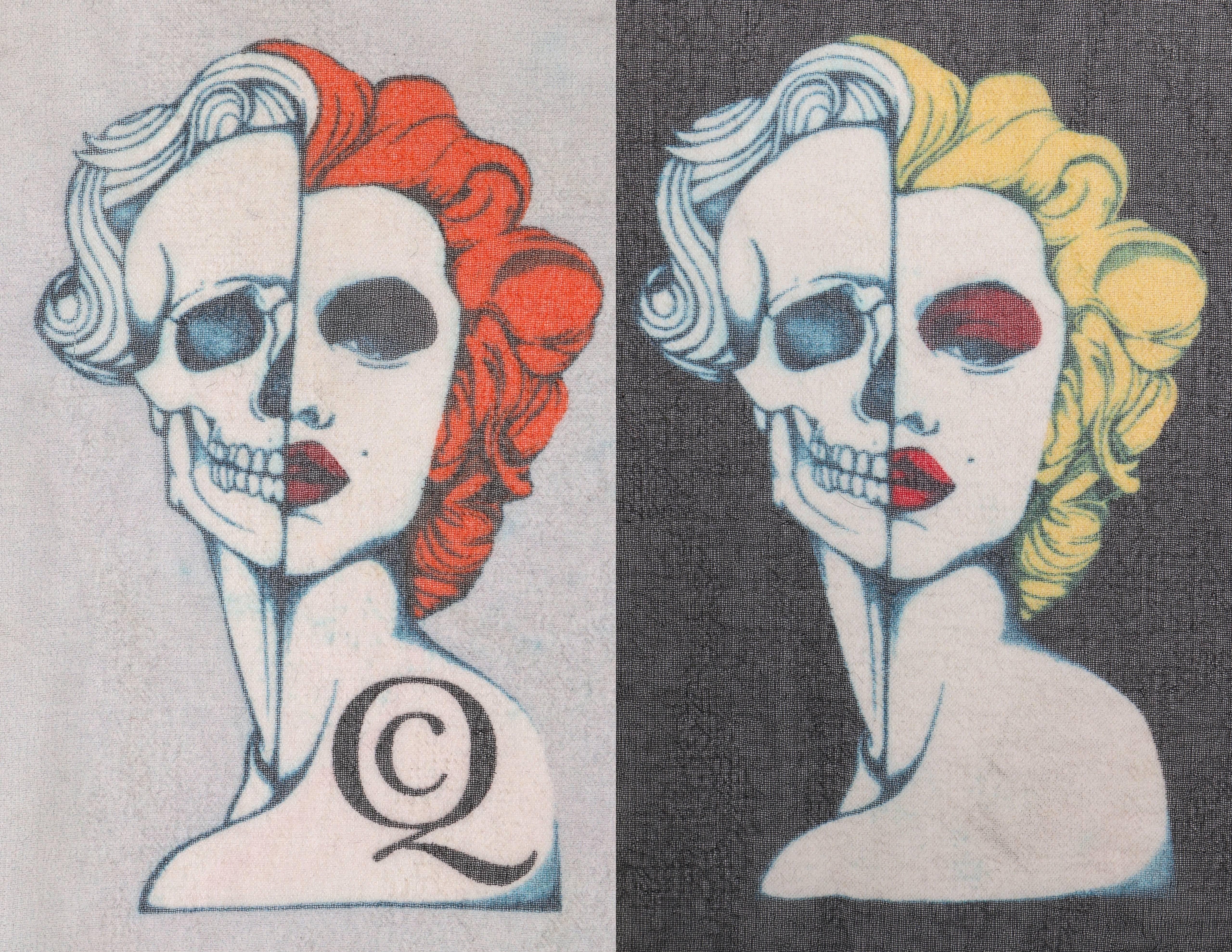 Rare Alexander McQueen c.2008 Marilyn Monroe skull pop art / Warhol inspired silk chiffon scarf. Marilyn Monroe spliced skull graphic centered in multicolored pop art rectangular blocks in shades of red, orange, yellow, green, black, and white. CQ