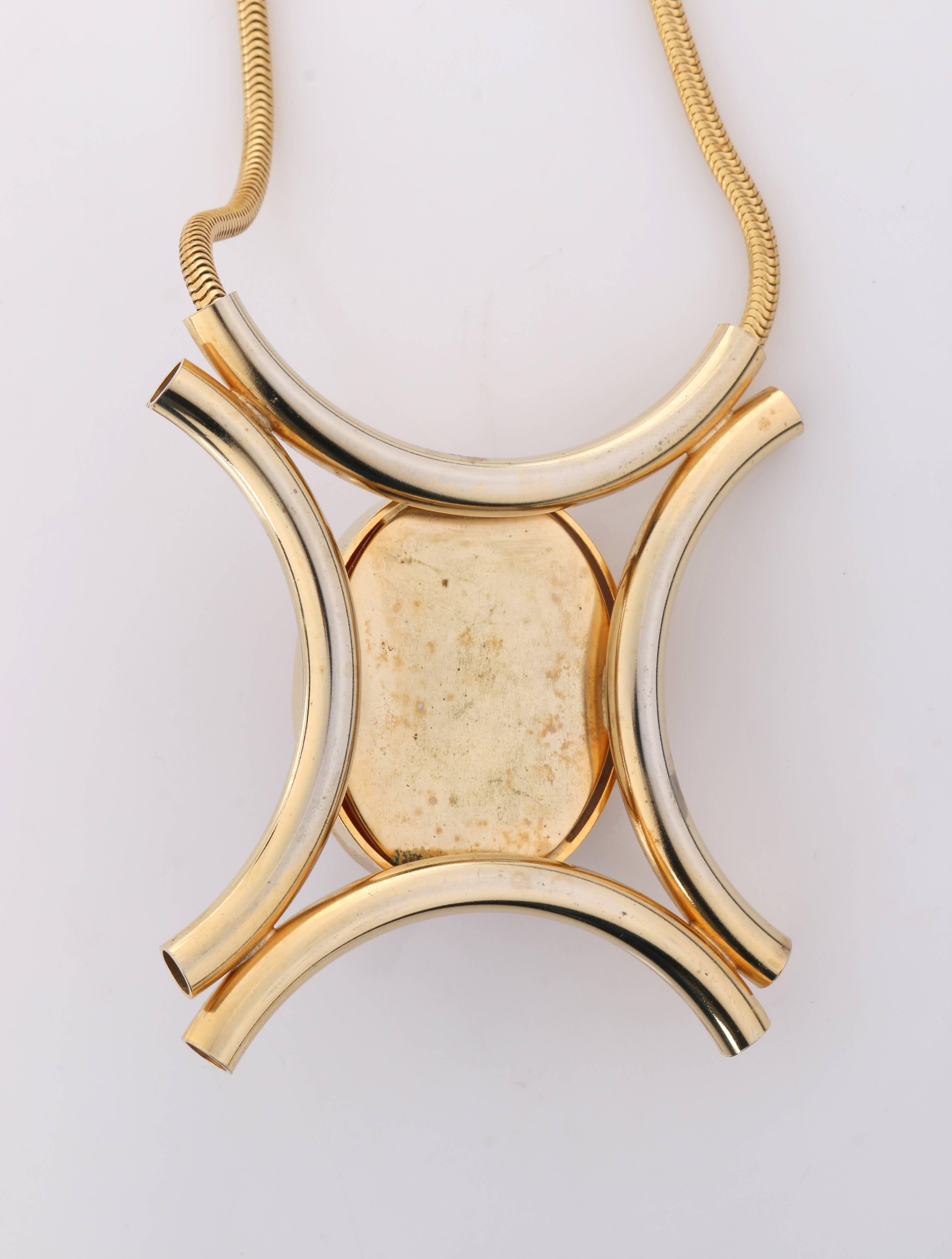 JULIANA D&E c.1970's Burnt Orange Cabochon Gold Tube Modernist Pendant Necklace For Sale 4