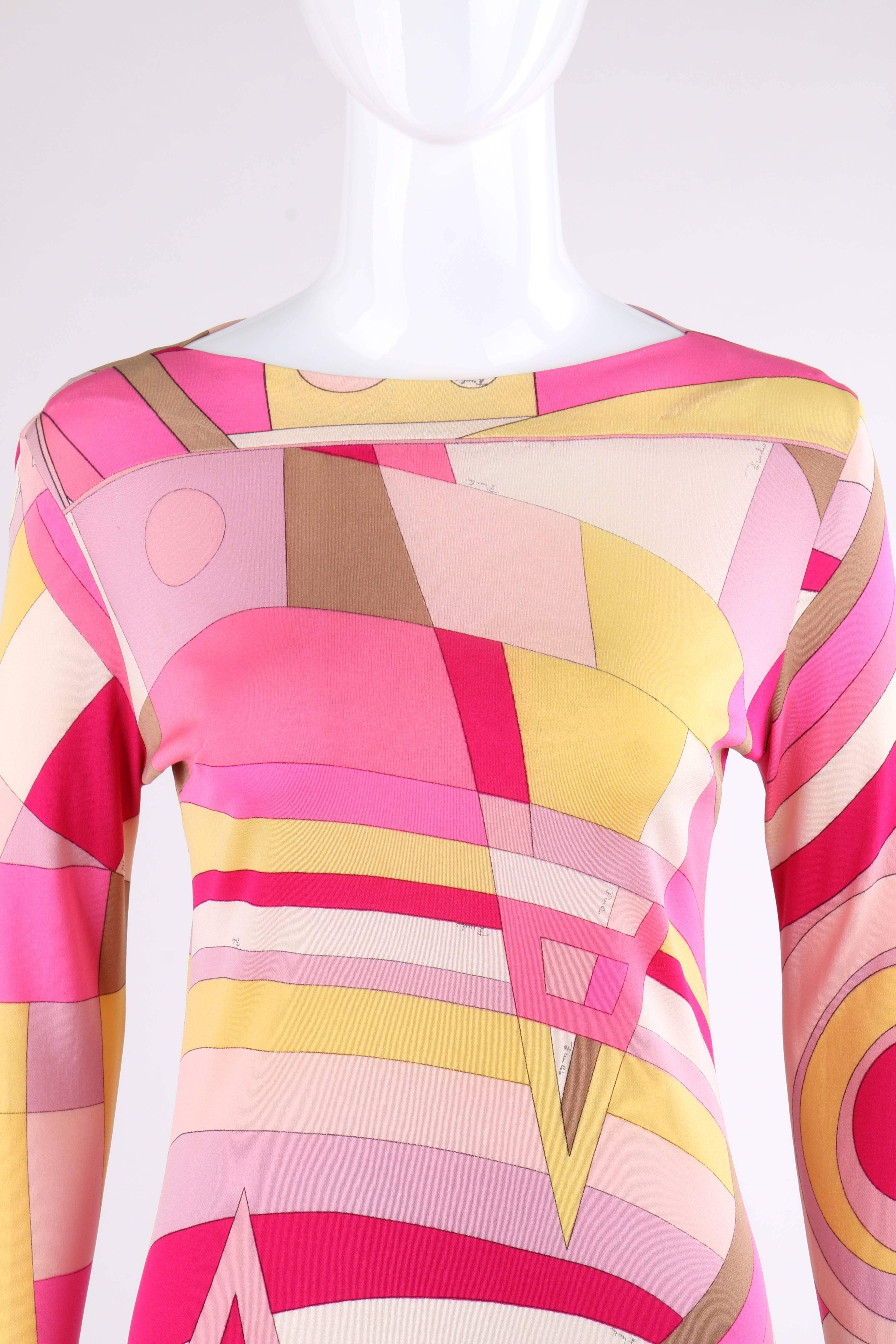 EMILIO PUCCI c.1968 Pink Multicolor Op Art Signature Print Silk Shift Dress In Excellent Condition For Sale In Thiensville, WI