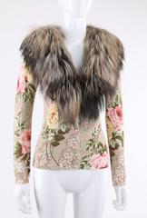 BLUMARINE A/W 2006 Multicolor Floral Print Genuine Fox Fur Collar Cardigan