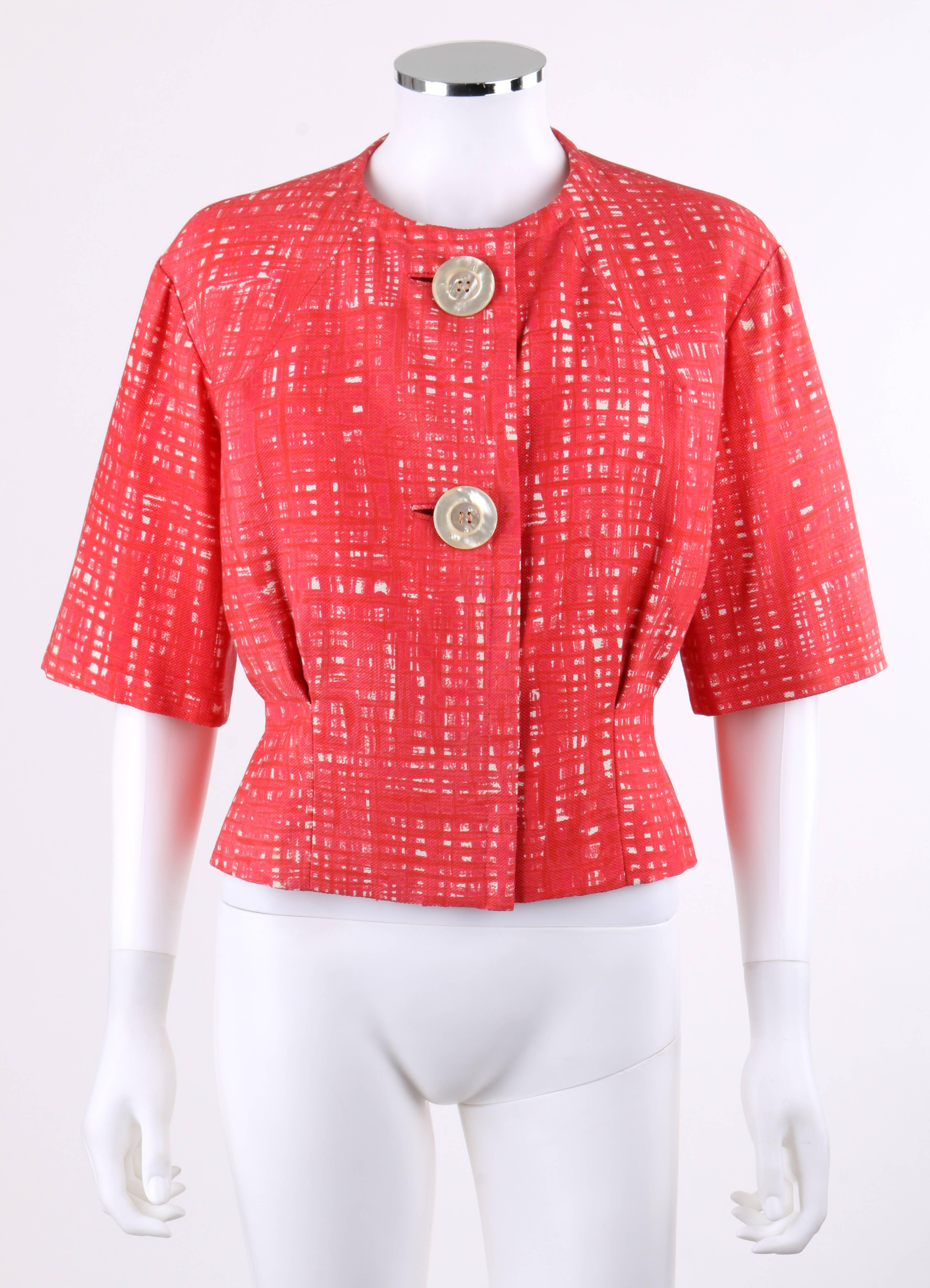 Vintage Eisa early 1960's pink cotton pique blazer and belt designed by Cristobal Balenciaga. Pink and white painterly check print cotton pique. Mid-length sleeve blazer. Crew neckline. Two center front over-sized white pearlescent button closures