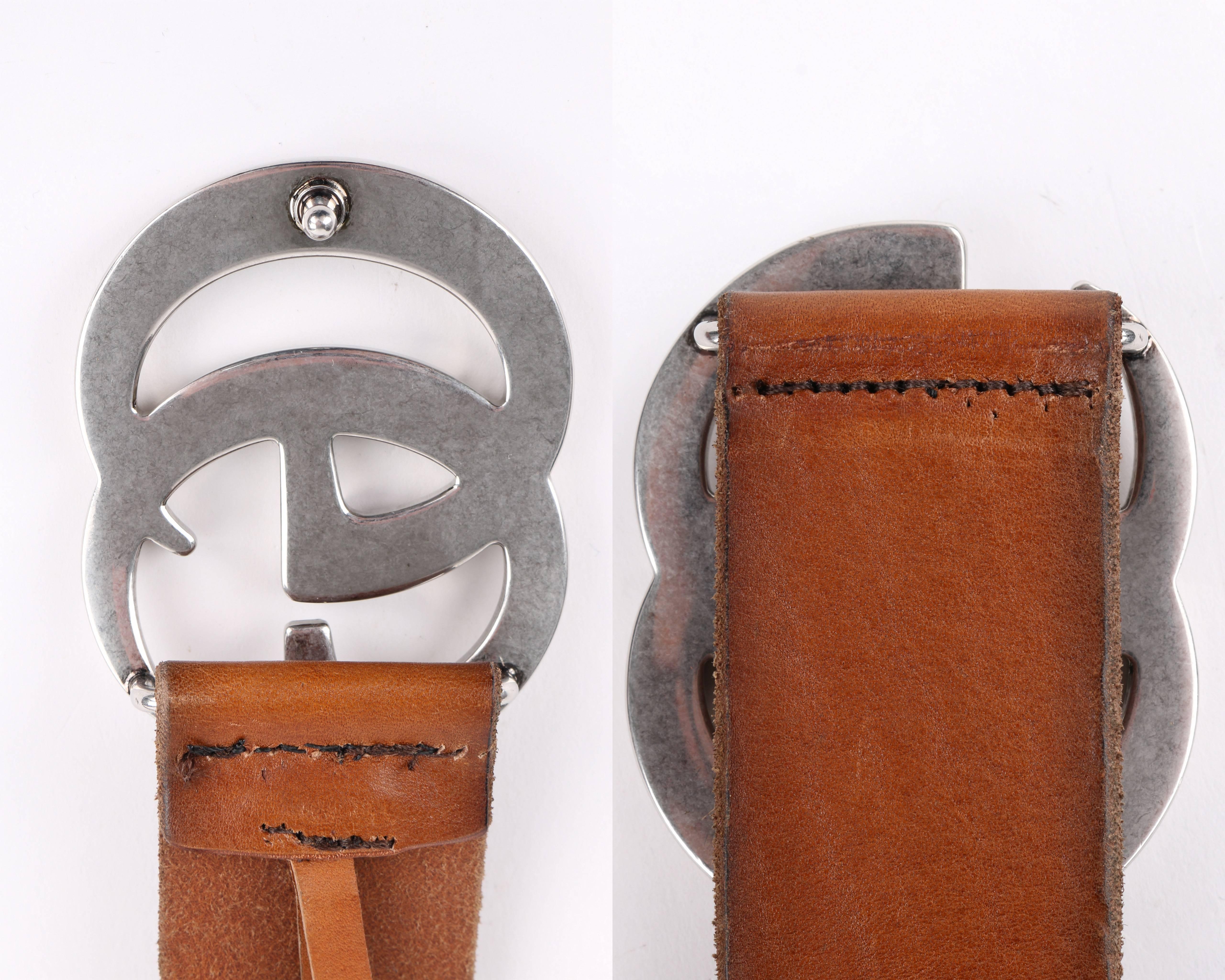 GUCCI Unisex Brown Distressed Leather Palladium Double G Buckle Belt 2
