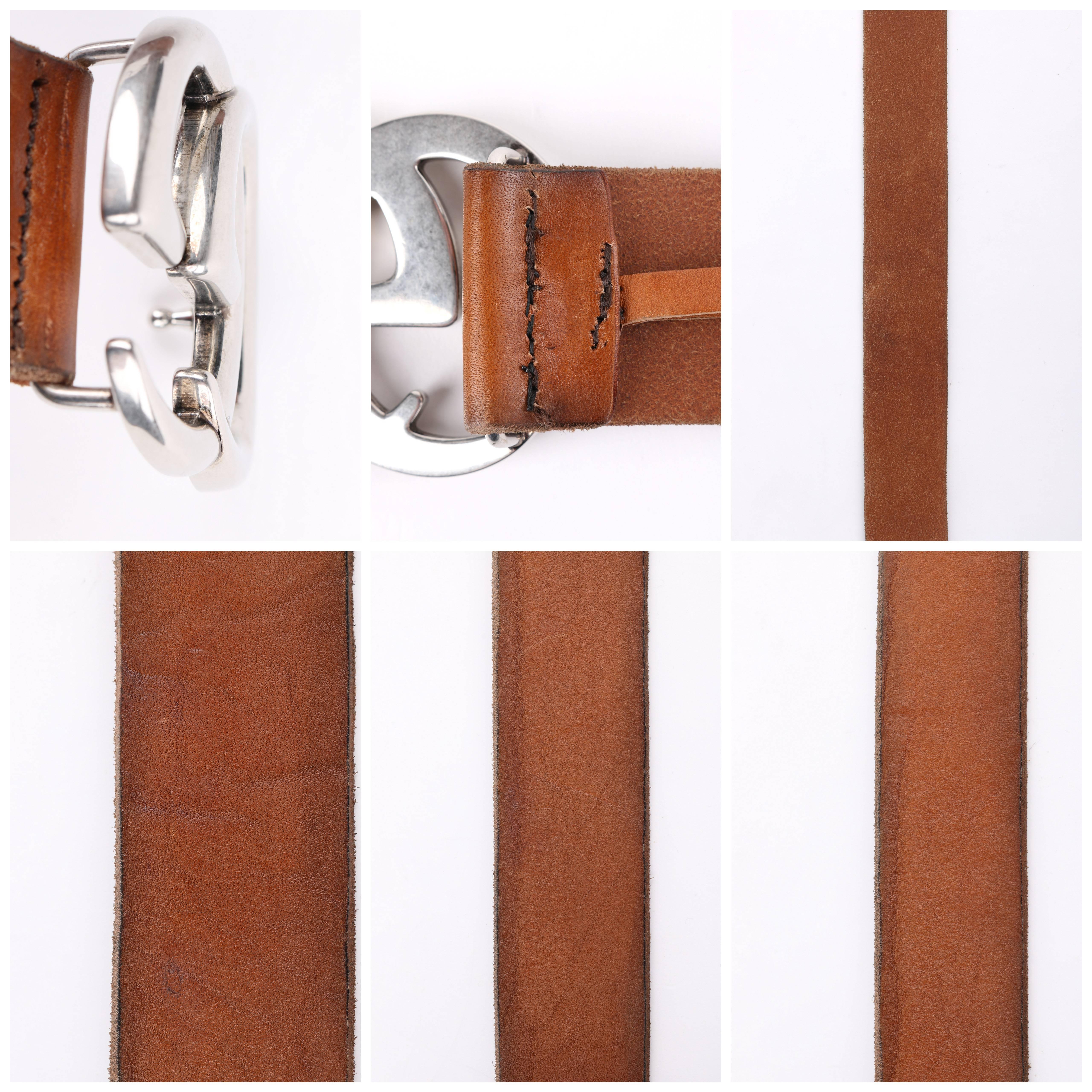 GUCCI Unisex Brown Distressed Leather Palladium Double G Buckle Belt 3