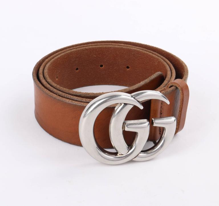 GUCCI Unisex Brown Distressed Leather Palladium Double G Buckle Belt at 1stdibs