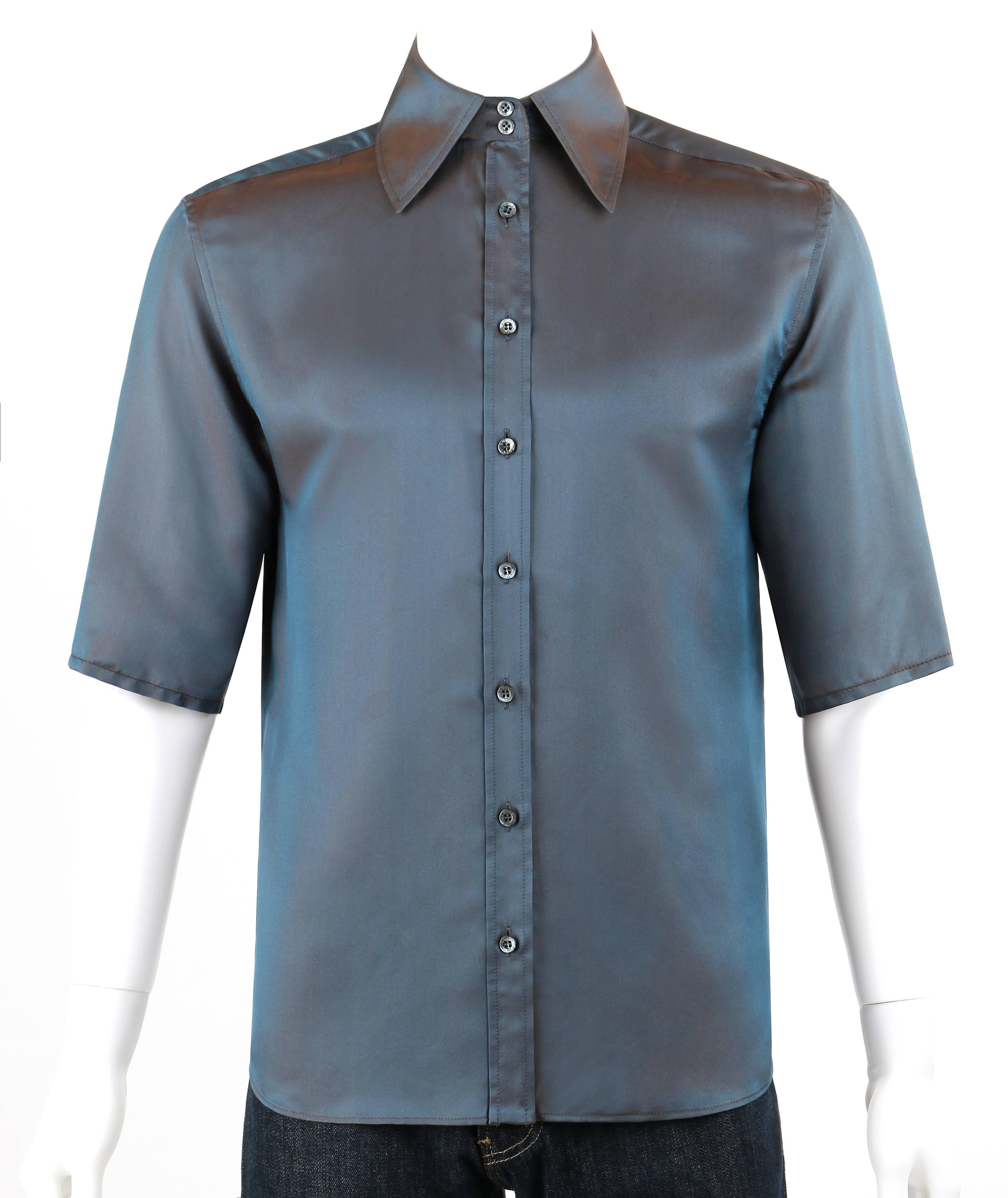Gucci Spring/Summer 1998 Teal blue & brown iridescent silk blend shirt designed by Tom Ford. Short sleeve button down shirt. Nine center front button closures. Shirt collar with stays. Back yoke with two knife pleats. Marked Fabric Content:
