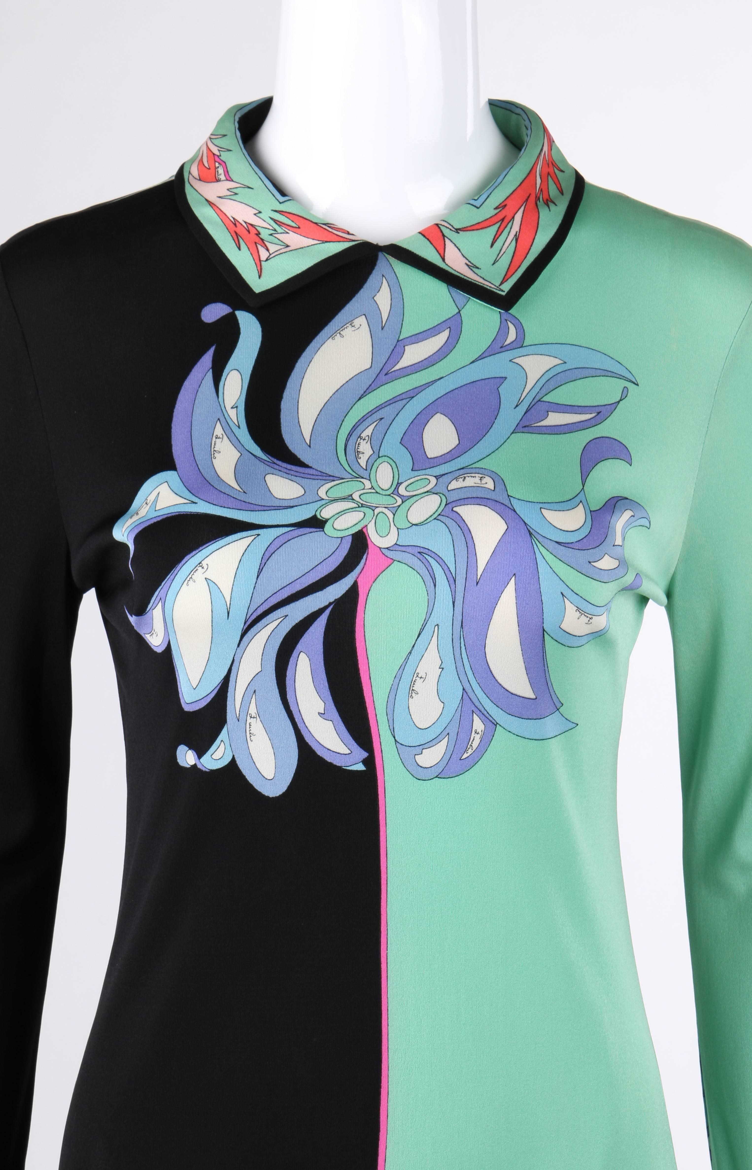 Women's EMILIO PUCCI c.1970's Mint Green & Black Colorblock Floral Signature Print Dress For Sale