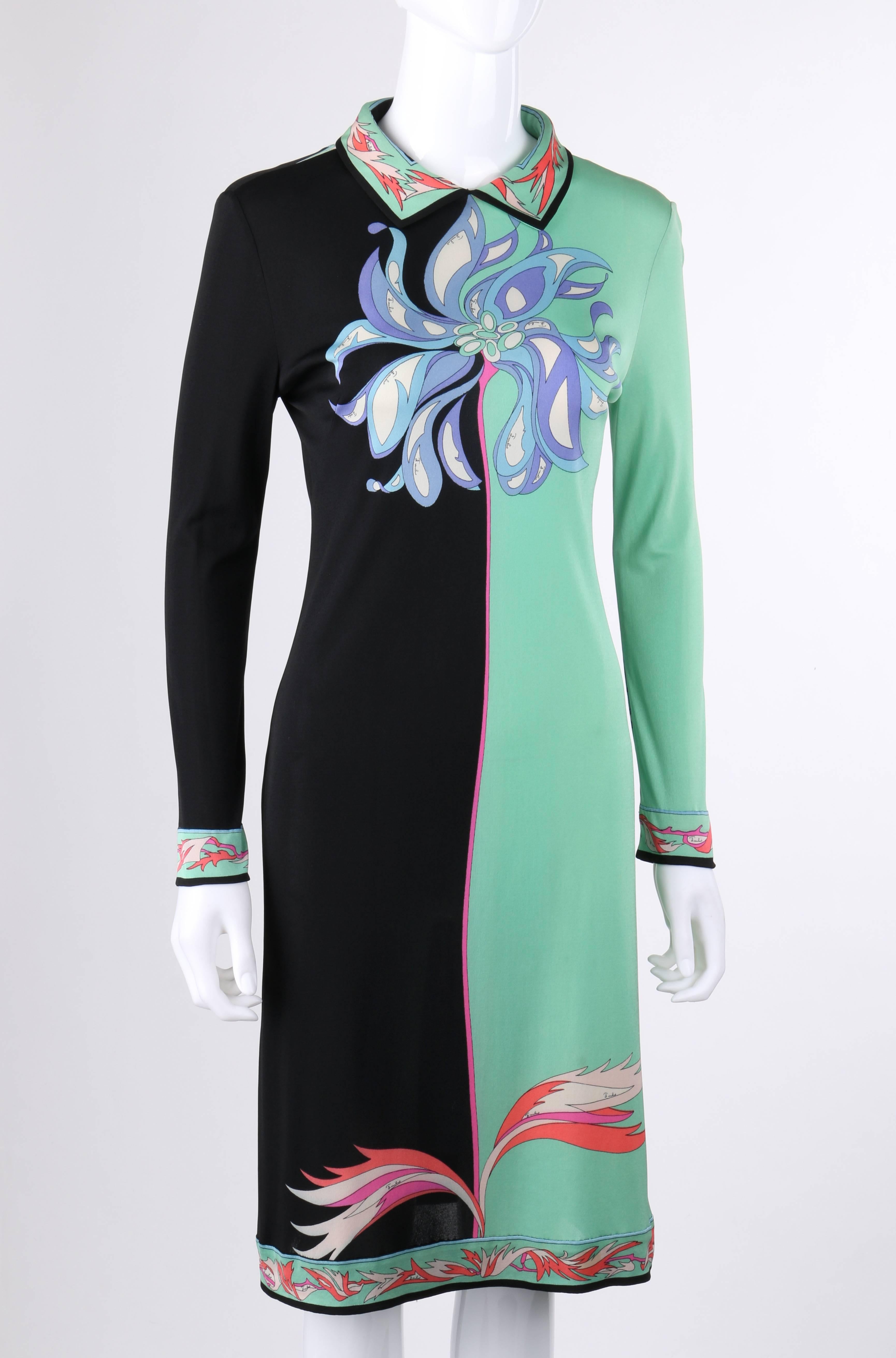Vintage Emilio Pucci c.1970's mint green & black color-block silk jersey dress. Large floral print in shades of blue, green, and white at center front and sleeves. Botanical boarder print in shades of pink at hemline, sleeve cuffs, collar, and back.