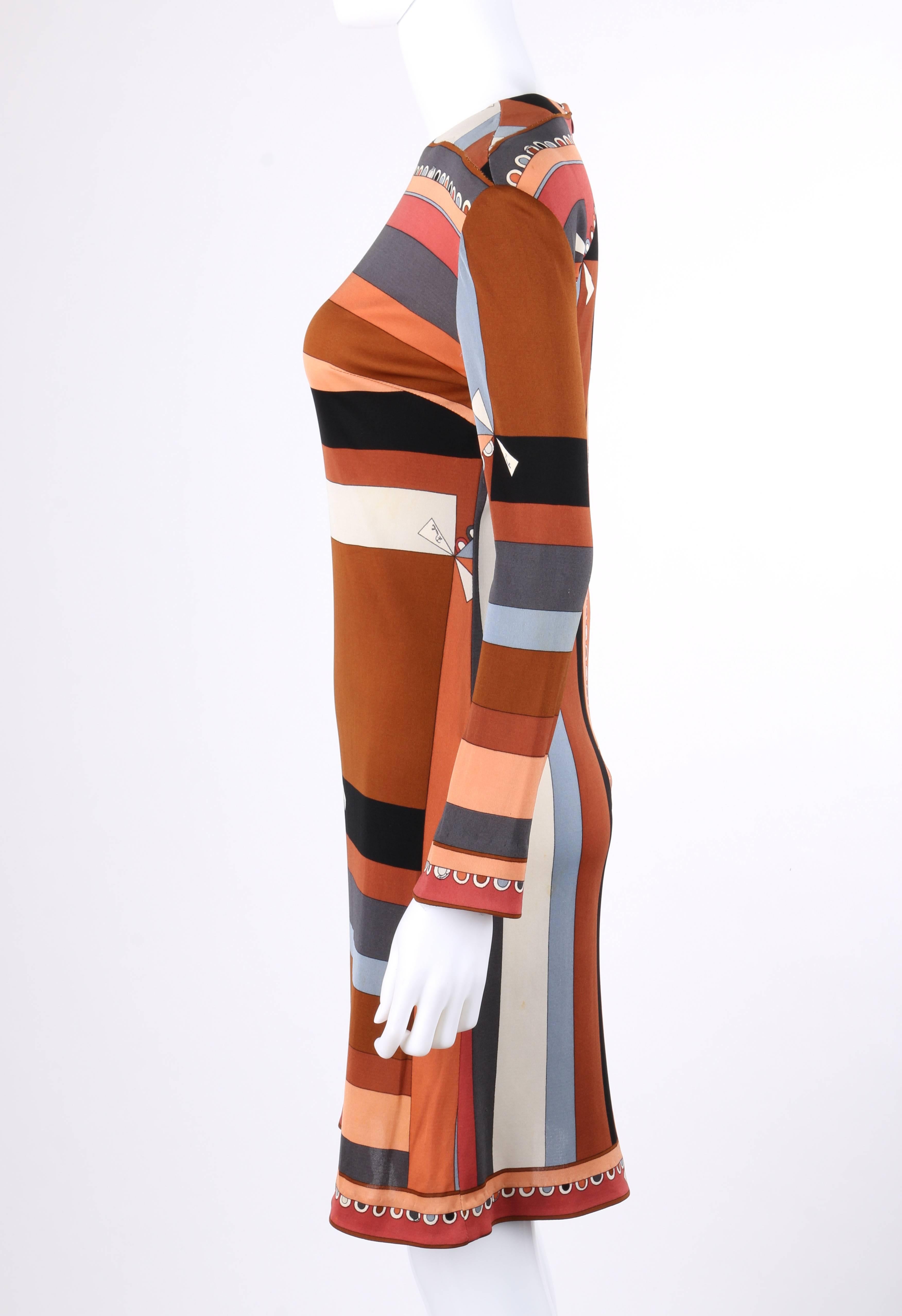 EMILIO PUCCI - Robe droite en jersey de soie marron multicolore imprimé « Colletti », circa 1968 Pour femmes en vente
