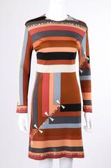 EMILIO PUCCI c.1968 "Colletti" Print Brown Multicolor Silk Jersey Shift Dress