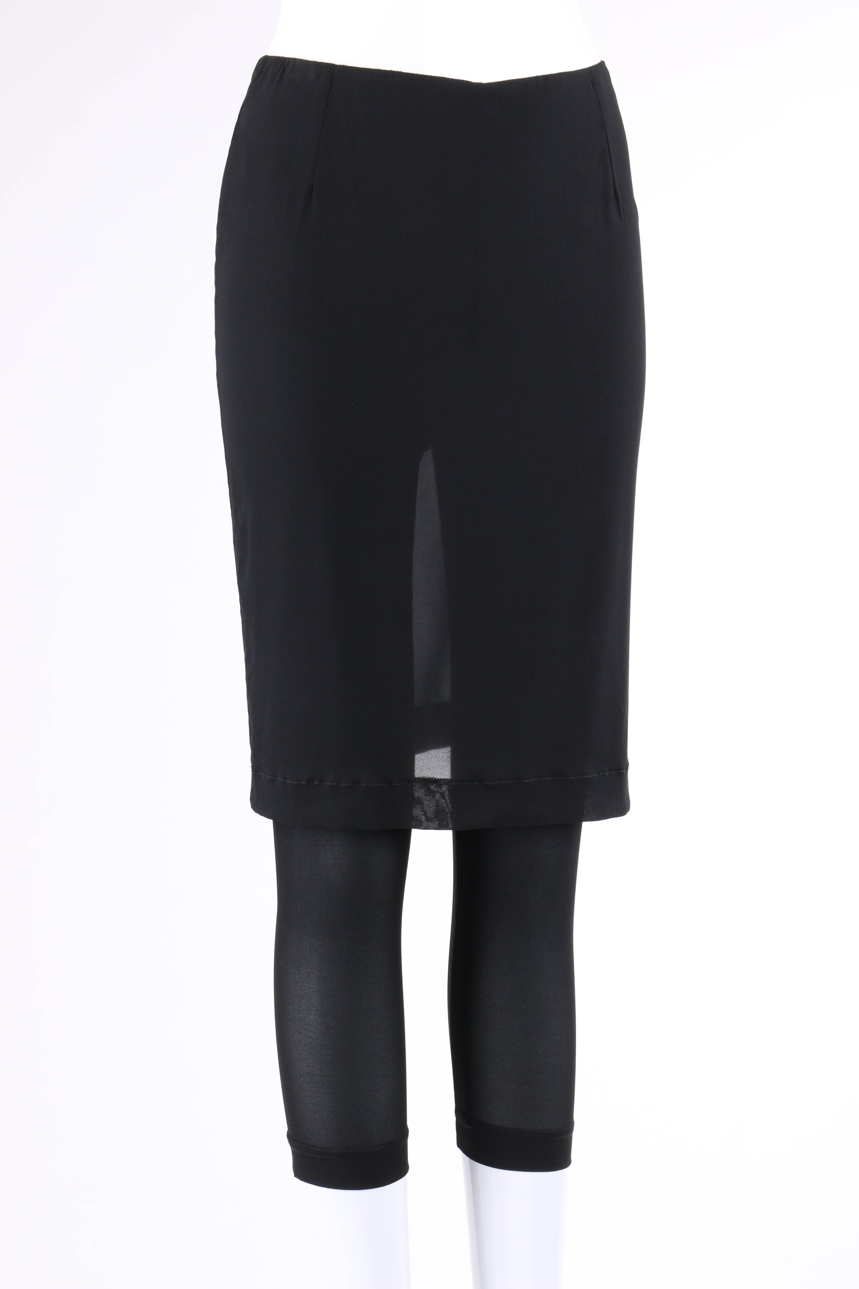 Dolce & Gabbana c.1990's black silk blend pencil skirt with attached leggings. Black pencil skirt overlay. Waist seam darts at front and back. Attached cropped leggings. Center back invisible zipper with hook and eye closure at top. Black grosgrain