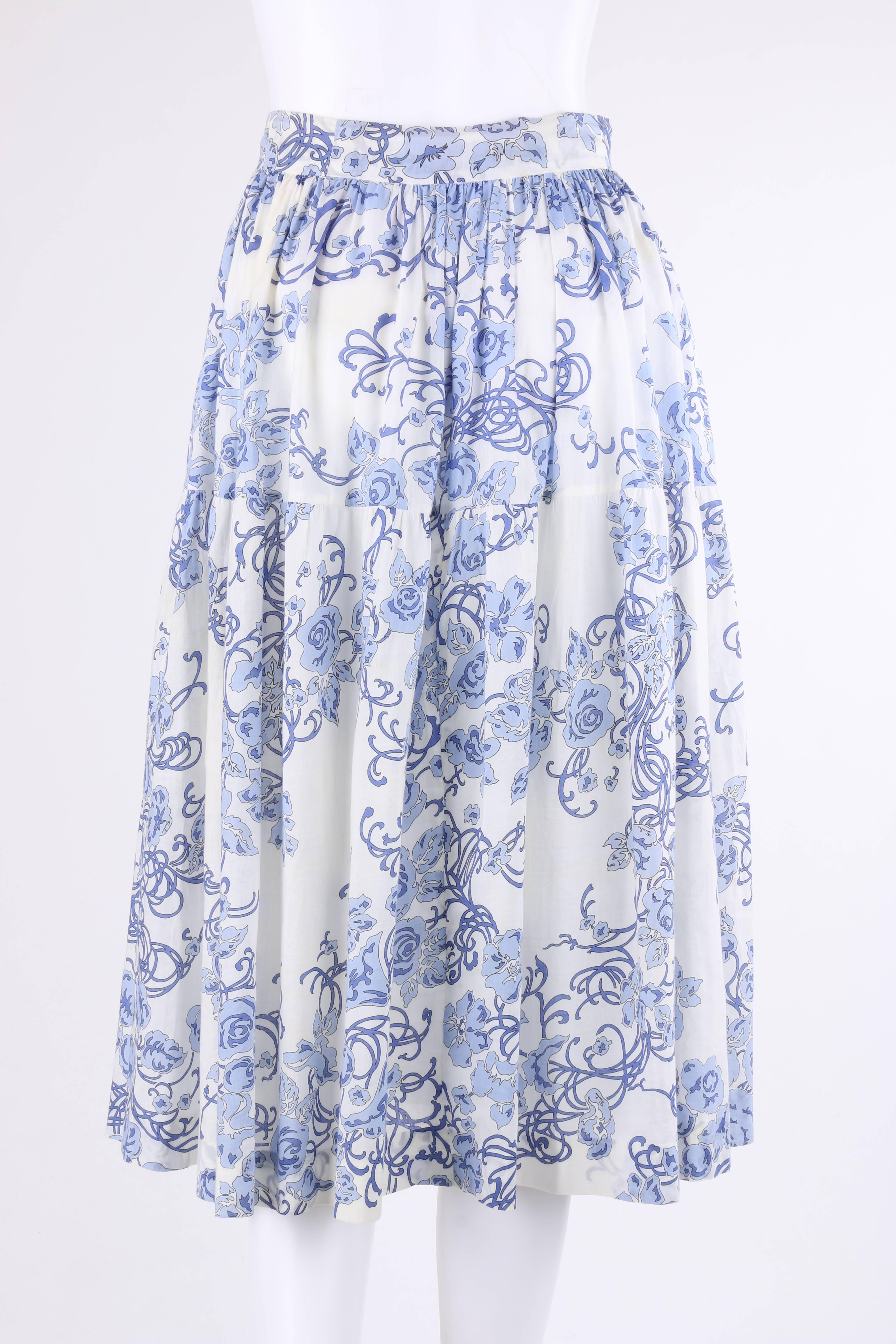 EMILIO PUCCI c.1970's 2 Pc White & Blue Floral Cotton Blouse Skirt Dress Set In Excellent Condition In Thiensville, WI