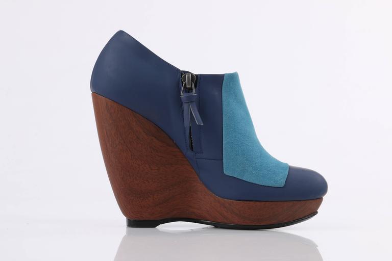 BALENCIAGA Light on Dark Blue Suede Colorblock Wooden Wedge Platform Heels  For Sale at 1stDibs | balenciaga wedges, wooden wedge heels, balenciaga  suede heels
