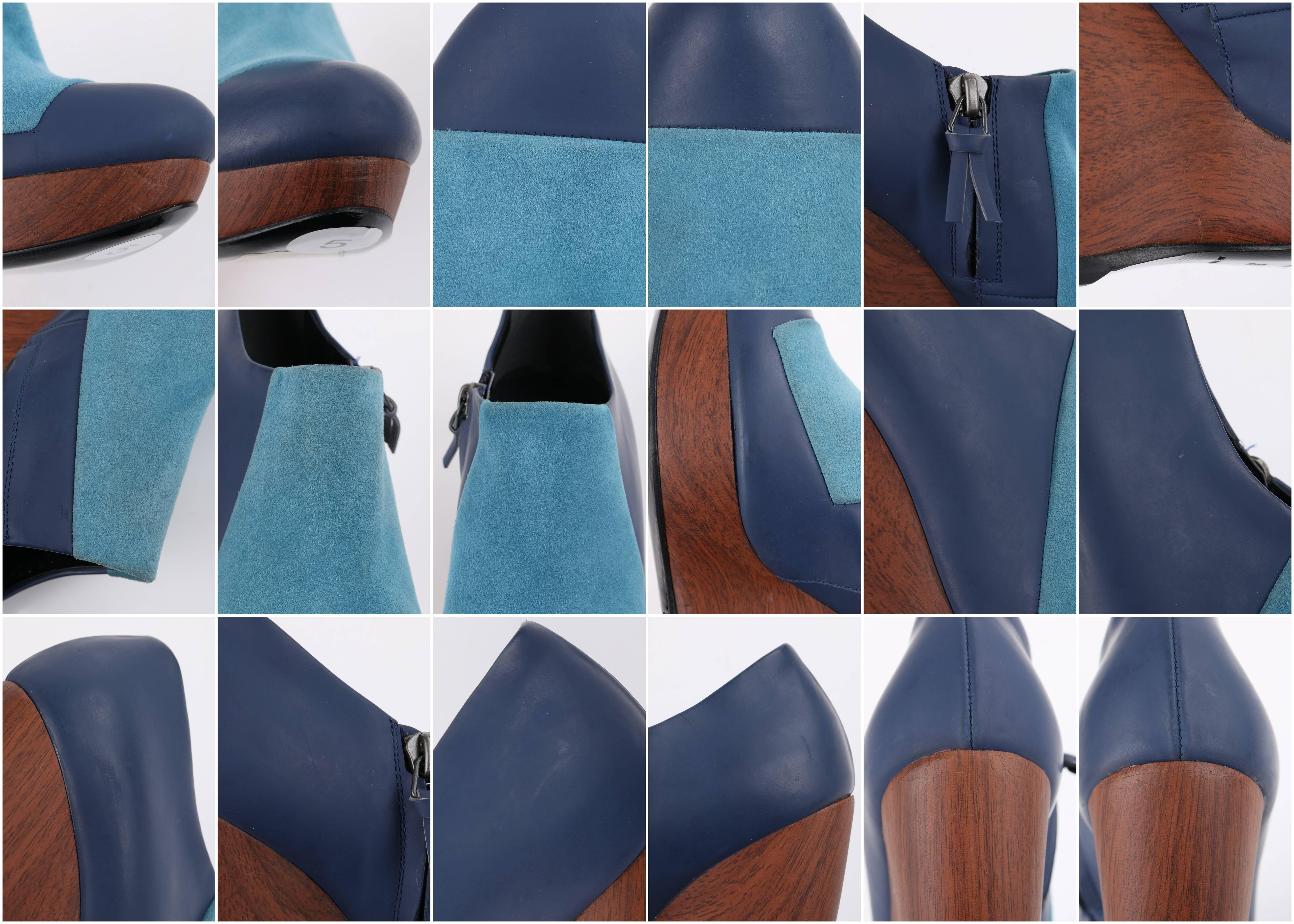 BALENCIAGA Light on Dark Blue Suede Colorblock Wooden Wedge Platform Heels For Sale 2