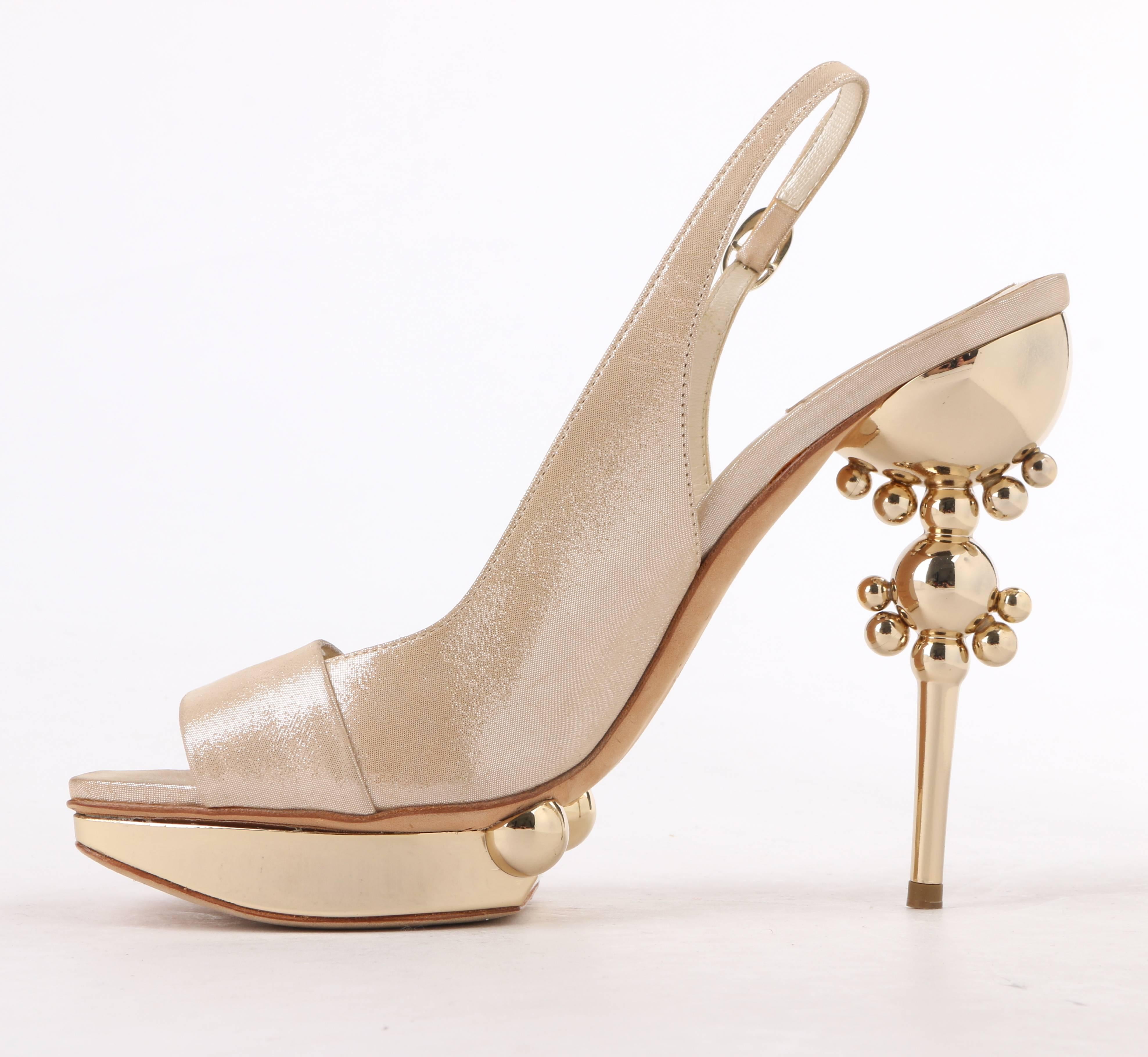 Christian Dior Resort 2008, designed by John Galliano, beige metallic suede sculpted heel platform sandals; New without box. Runway look #37. Beige metallic dot suede upper. Square peep toe. Sling back with adjustable strap and gold-toned oval