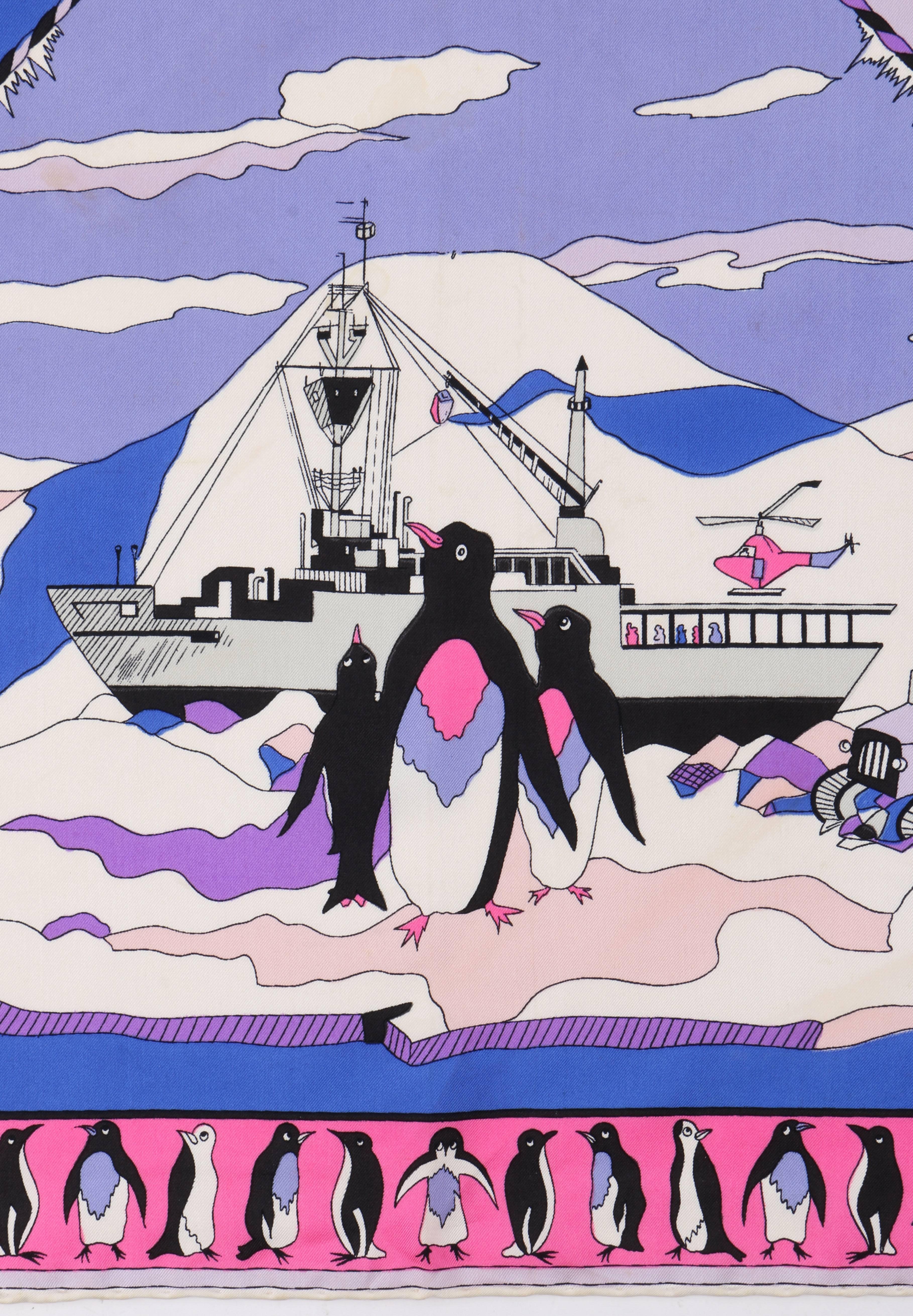 Vintage c.1960's Rare Emilio Pucci "The Antarctican Society" silk scarf. Penguin boarder print. Multi-color segmented Antarctica motif in shades of white, purple, blue, and pink. "The Antarctican Society" printed center front.