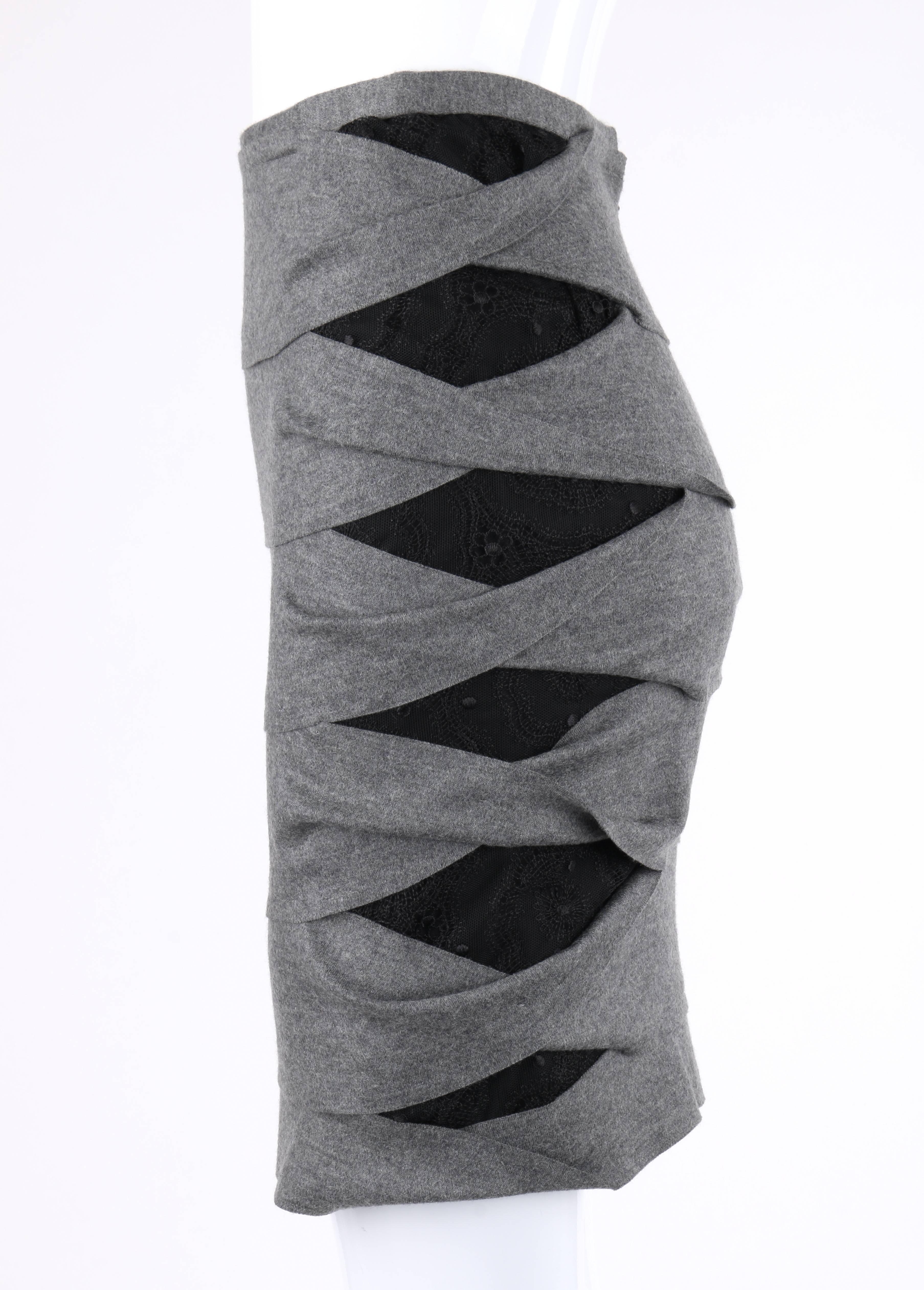 Women's FENDI Pre-Fall 2012 Gray Wool Black Lace Detail Banded Pencil Skirt