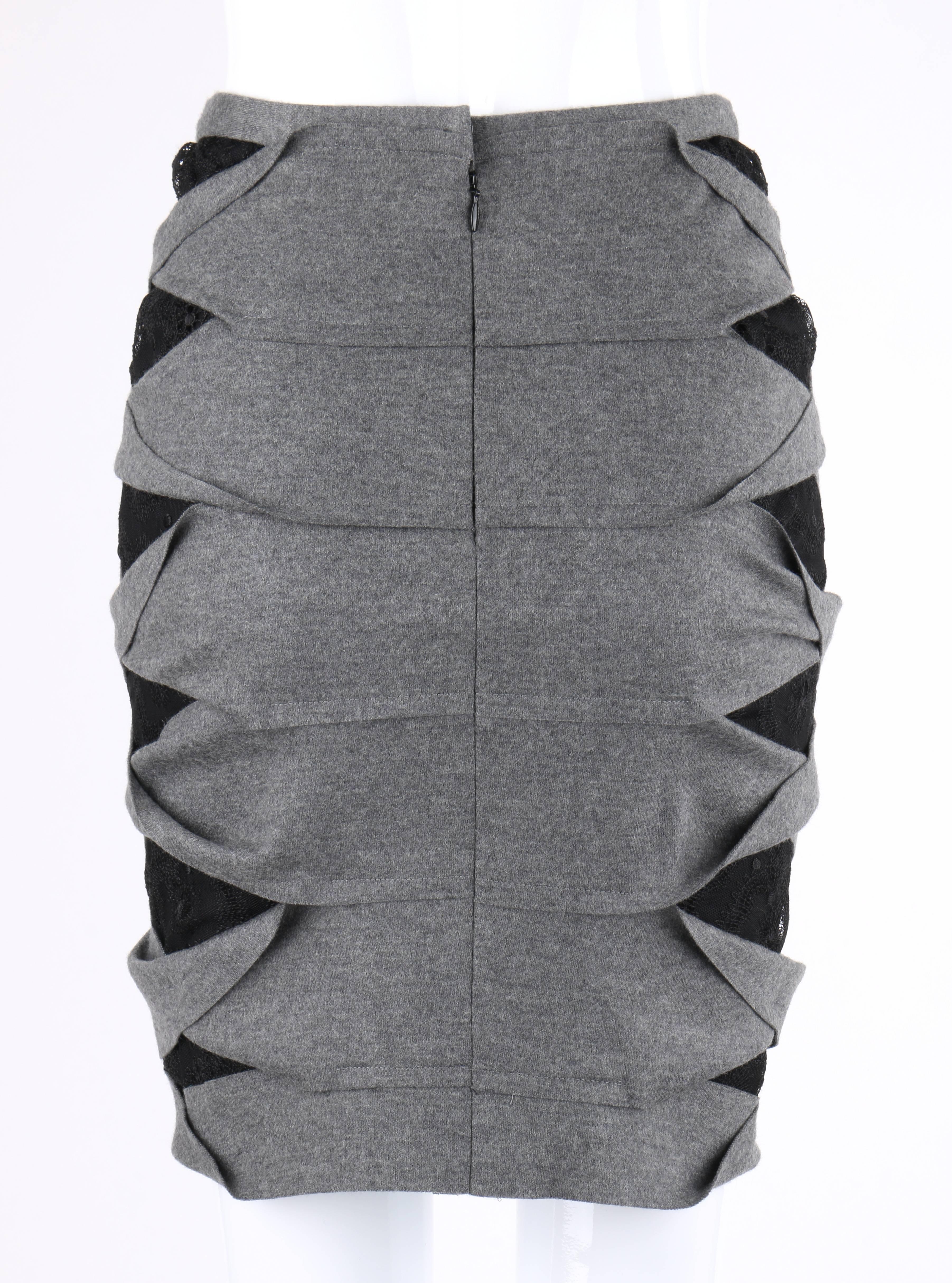 FENDI Pre-Fall 2012 Gray Wool Black Lace Detail Banded Pencil Skirt In New Condition In Thiensville, WI