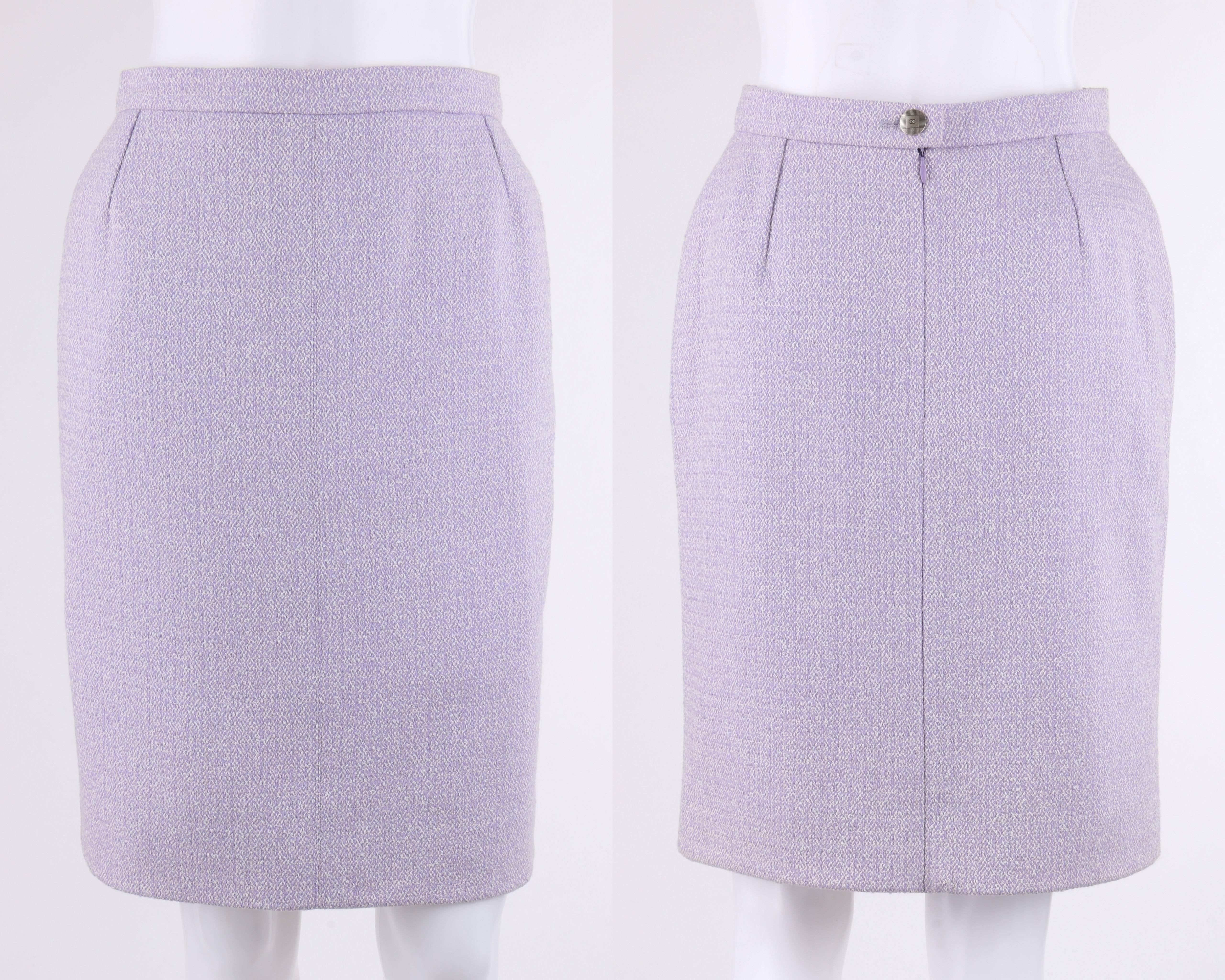 Gray CHANEL S/S 1998 2 Pc Classic Lilac & White Wool Tweed Suit Blazer Skirt Set 40