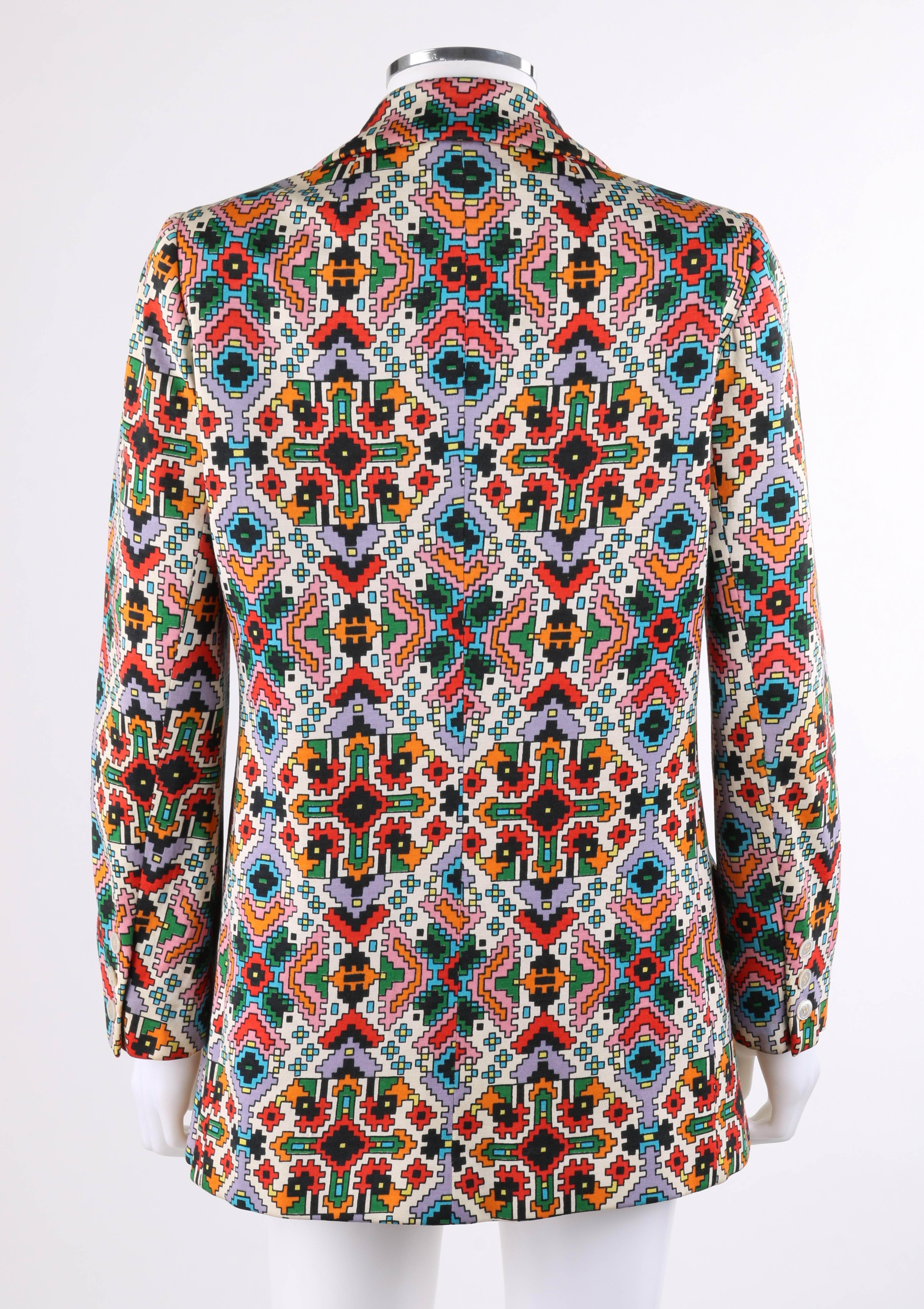 BEENE BAZAAR by GEOFFREY BEENE c.1970's Multicolor Geometric Print Blazer Jacket In Excellent Condition In Thiensville, WI