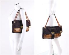 LANVIN "Hero" Navy Blue & Brown Checkered Silk Satin Python Detail Handbag Purse