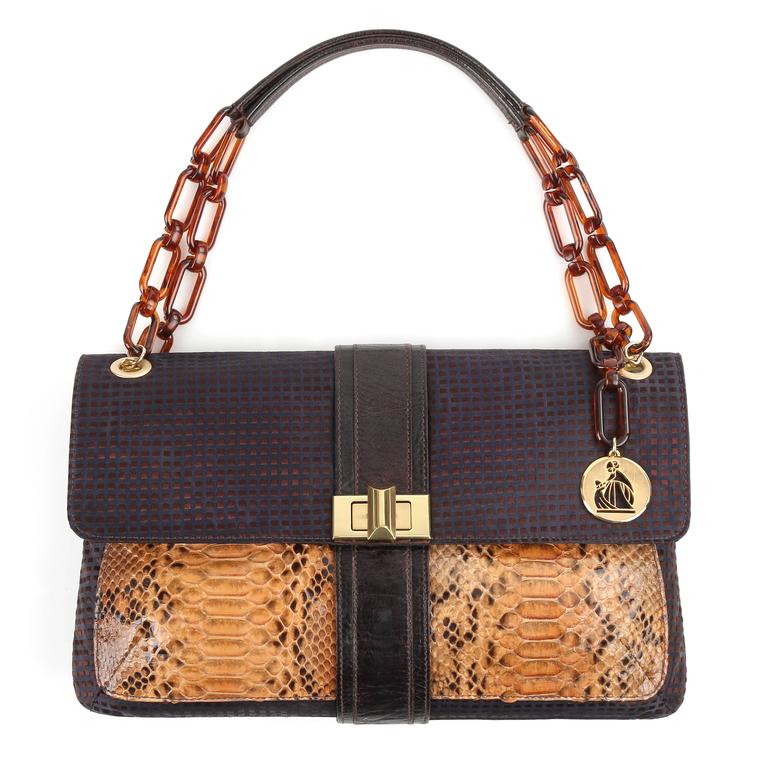 LANVIN &quot;Hero&quot; Navy Blue and Brown Checkered Silk Satin Python Detail Handbag Purse For Sale at ...