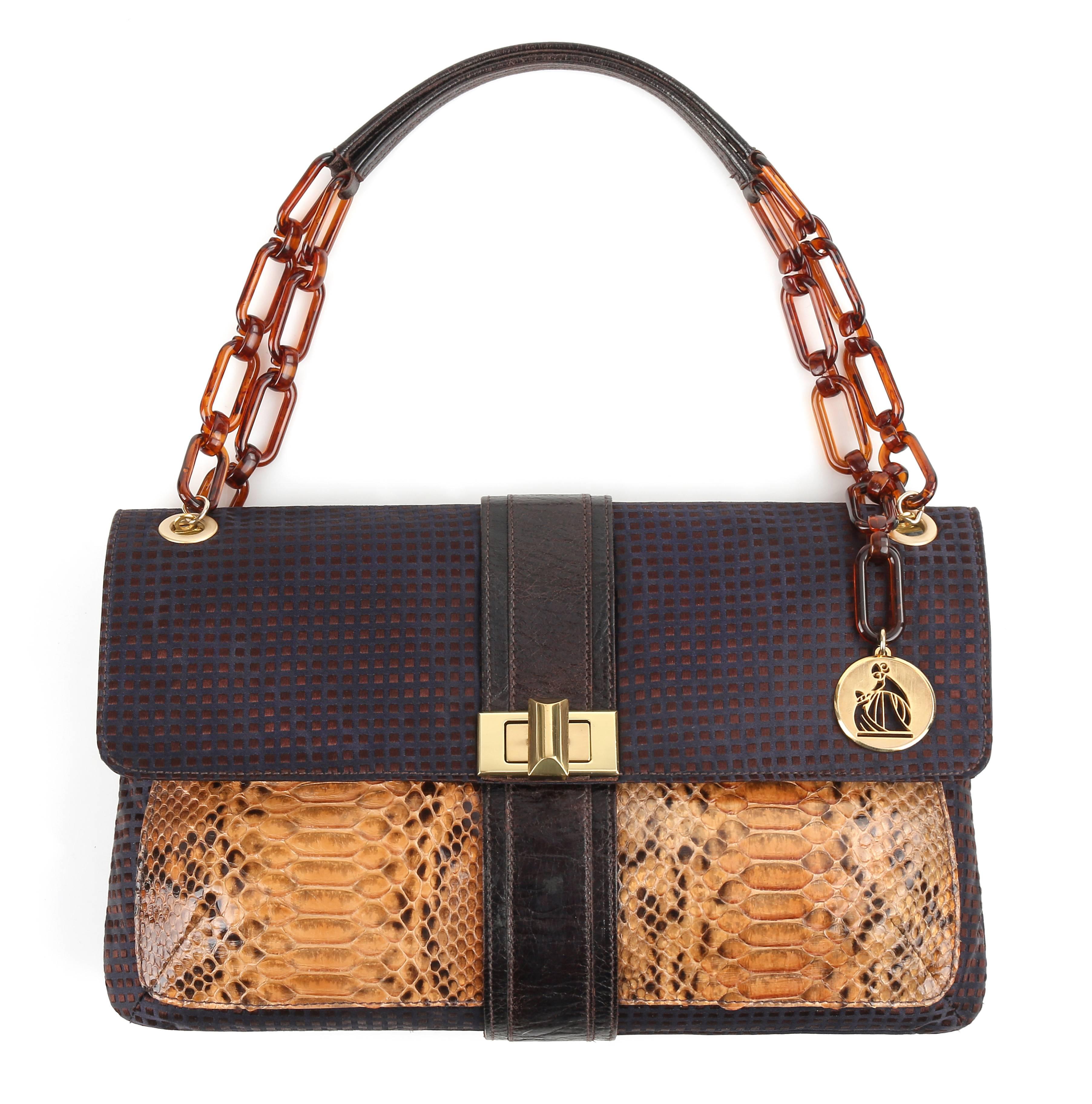 LANVIN "Hero" Navy Blue & Brown Checkered Silk Satin Python Detail Handbag Purse For Sale