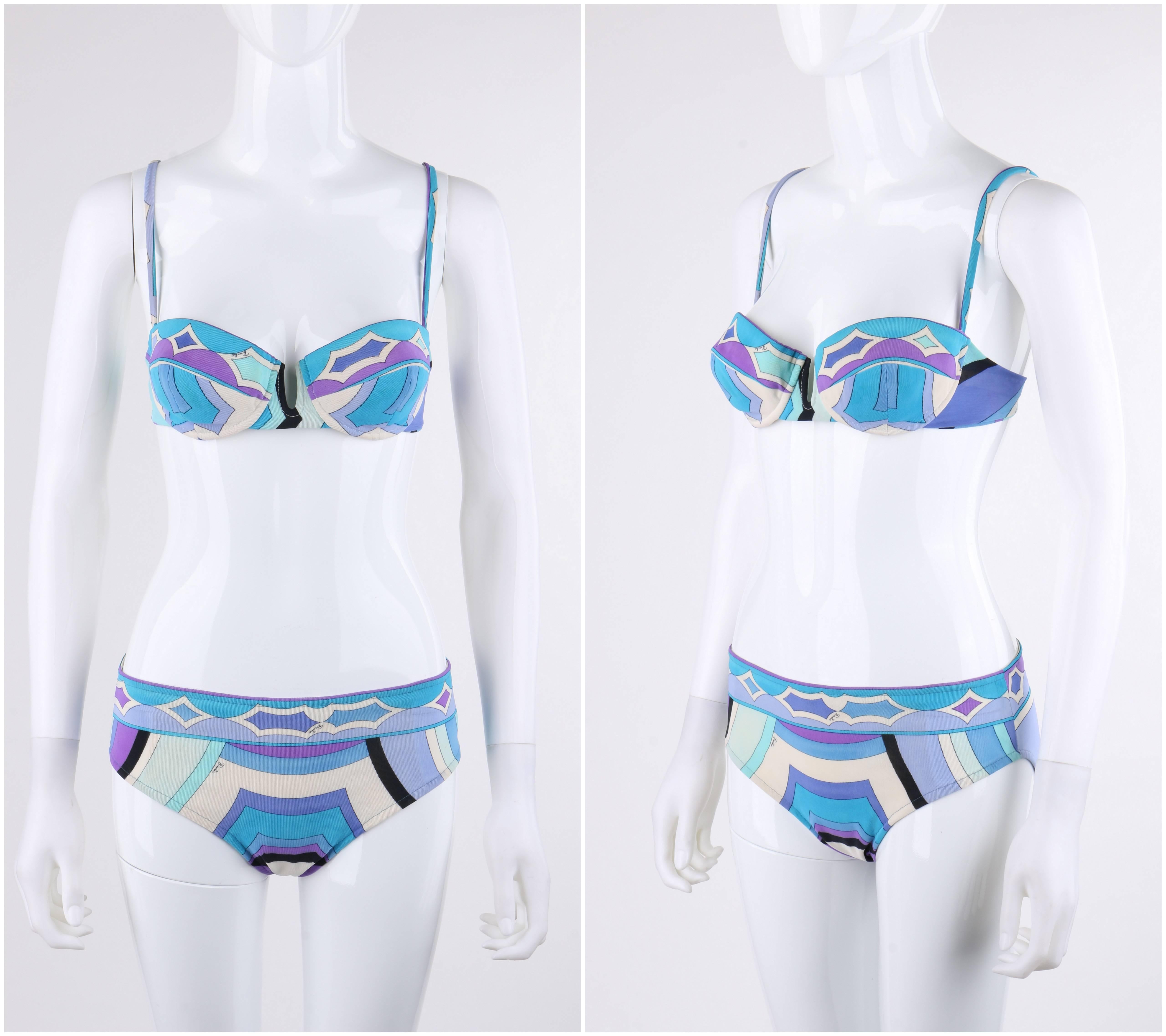 Vintage Emilio Pucci Swimsuit c.1960's two piece bikini bathing swim suit. Multicolor signature print mesh lycra in shades of blue, white, and black with diamond boarder print at top of bra cups and bottoms. Thin spaghetti strap top. Underwire cups.