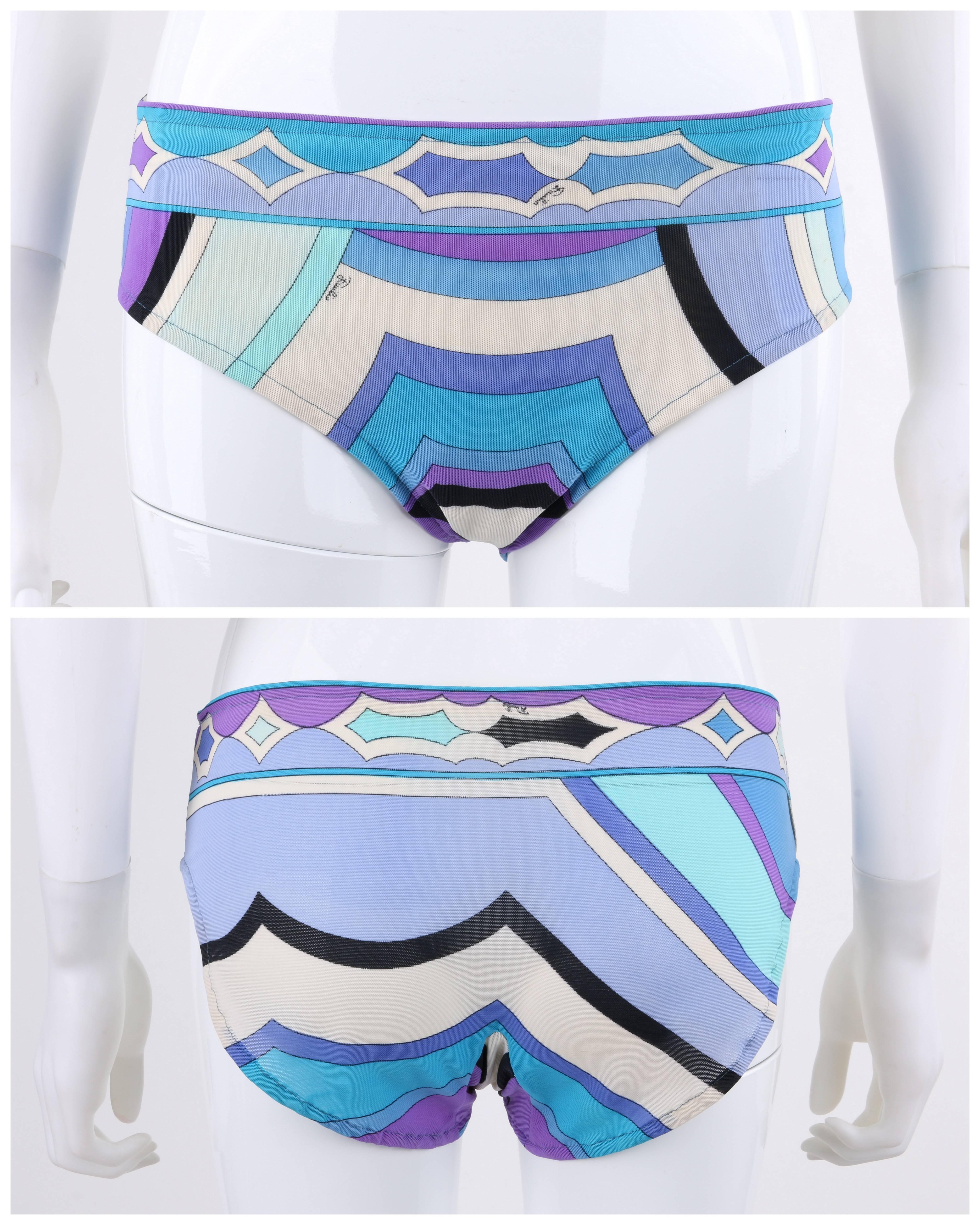 EMILIO PUCCI c.1960's Blue Signature Print Two Piece Bikini Bathing Swimsuit In Excellent Condition In Thiensville, WI