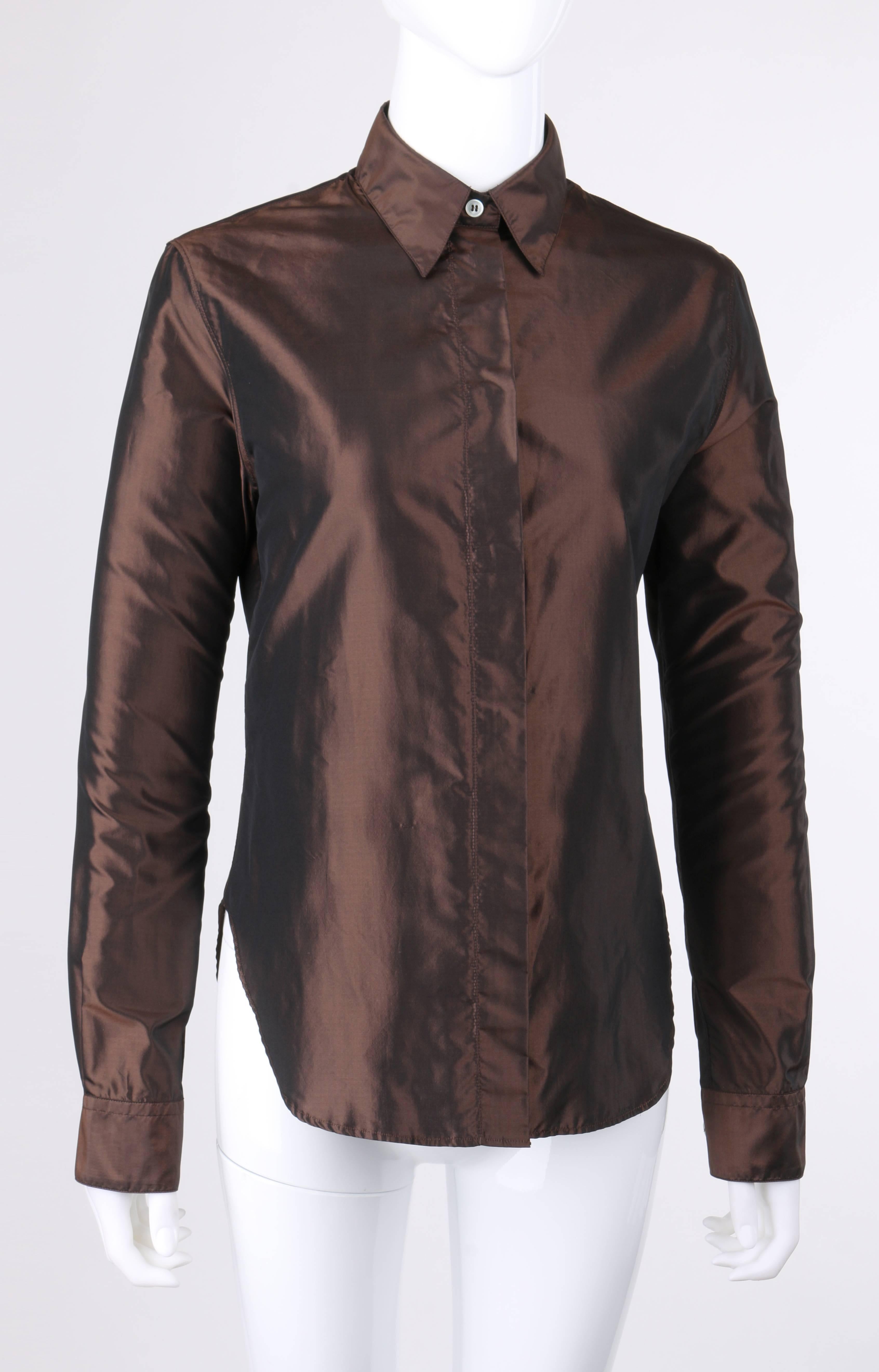 Alexander McQueen Spring/Summer 1997 brown iridescent silk button down shirt. From Alexander McQueen's 