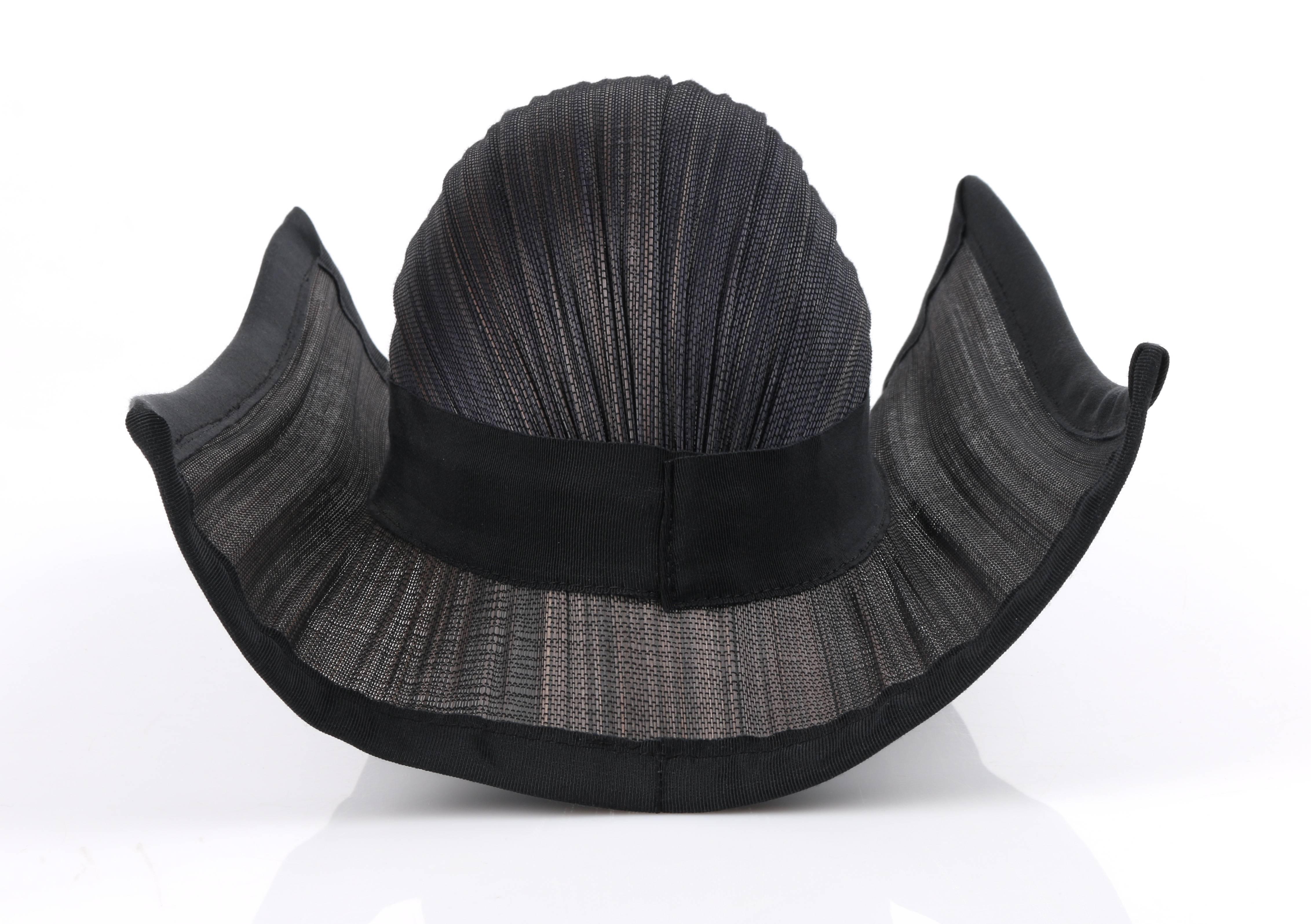 Couture KATE BISHOP Black Semi-sheer Grasscloth Square Brimmed Sculptural Hat In Excellent Condition In Thiensville, WI