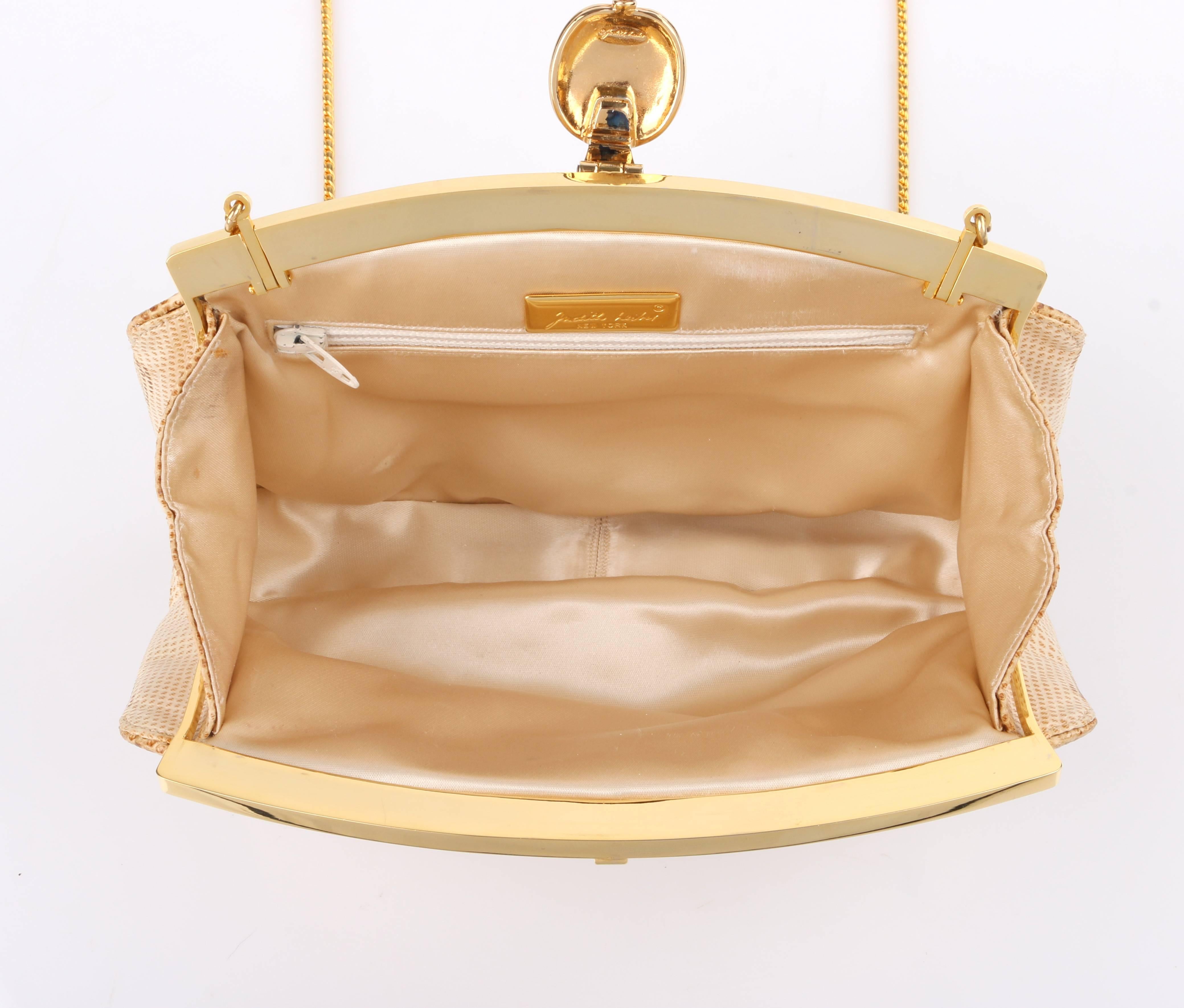JUDITH LEIBER c.1980's Cream Snakeskin Leather Gold Frame Evening Bag Purse 1