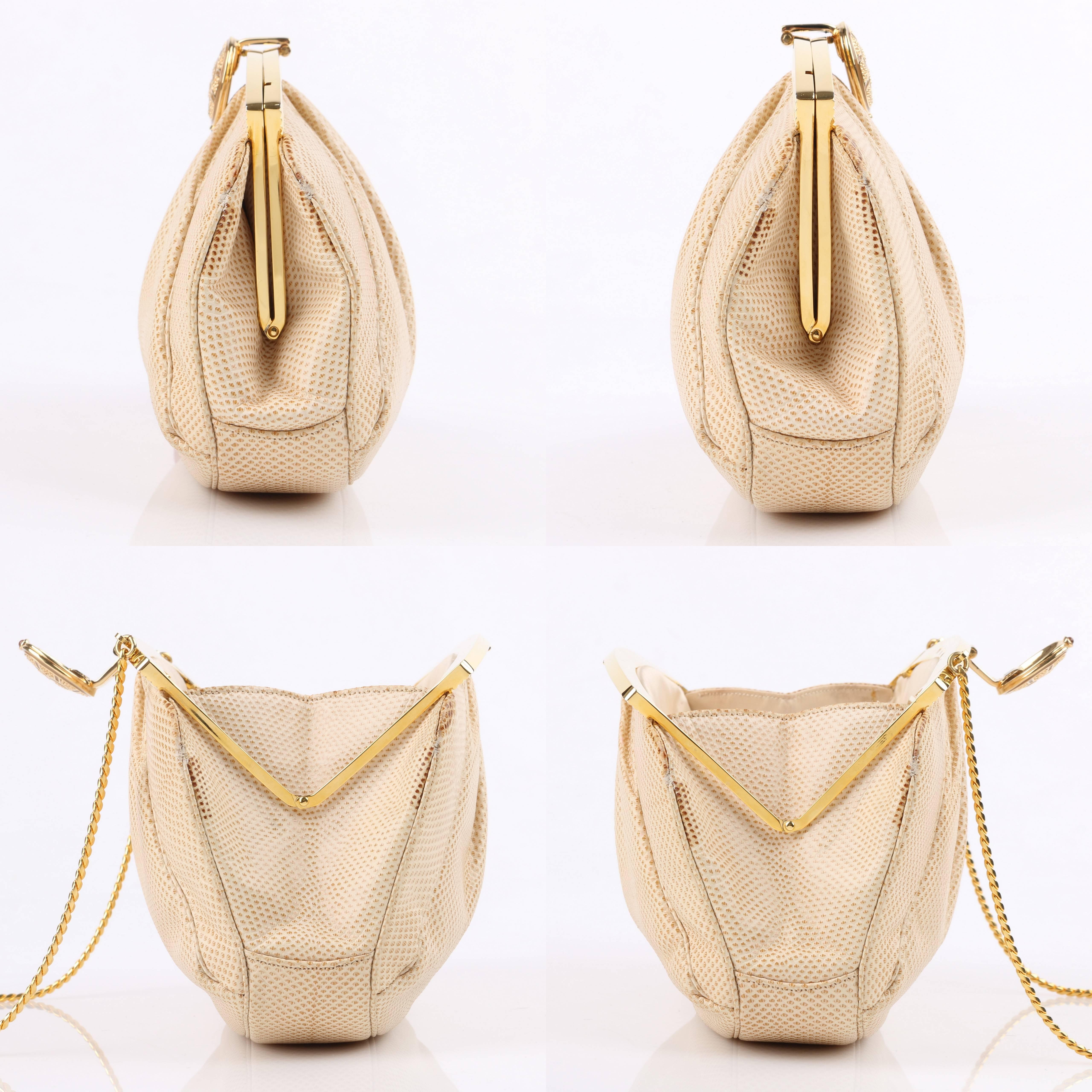 Women's JUDITH LEIBER c.1980's Cream Snakeskin Leather Gold Frame Evening Bag Purse