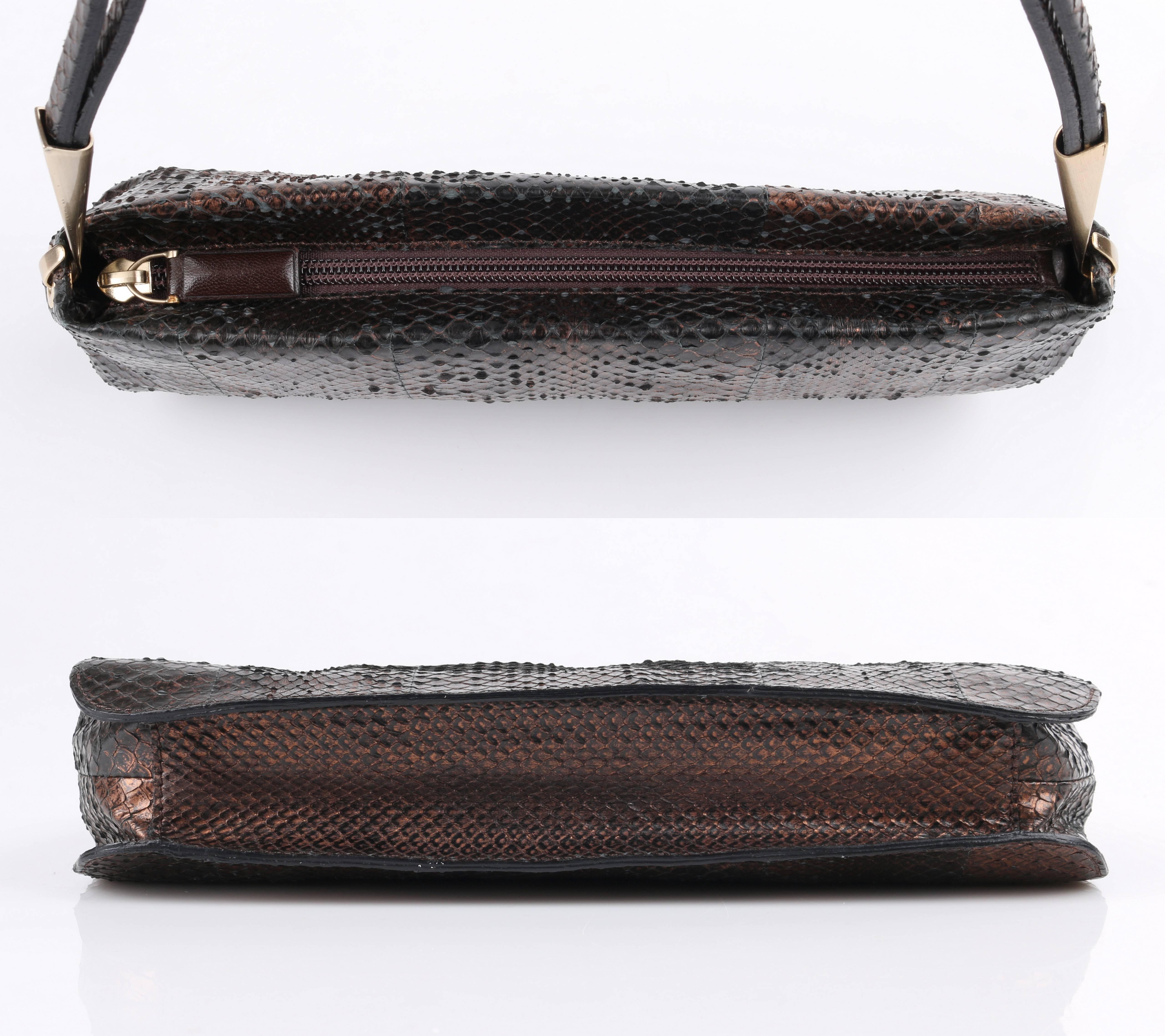 Brown BOTTEGA VENETA Bronze Metallic Snakeskin Leather Baguette Shoulder Bag Purse