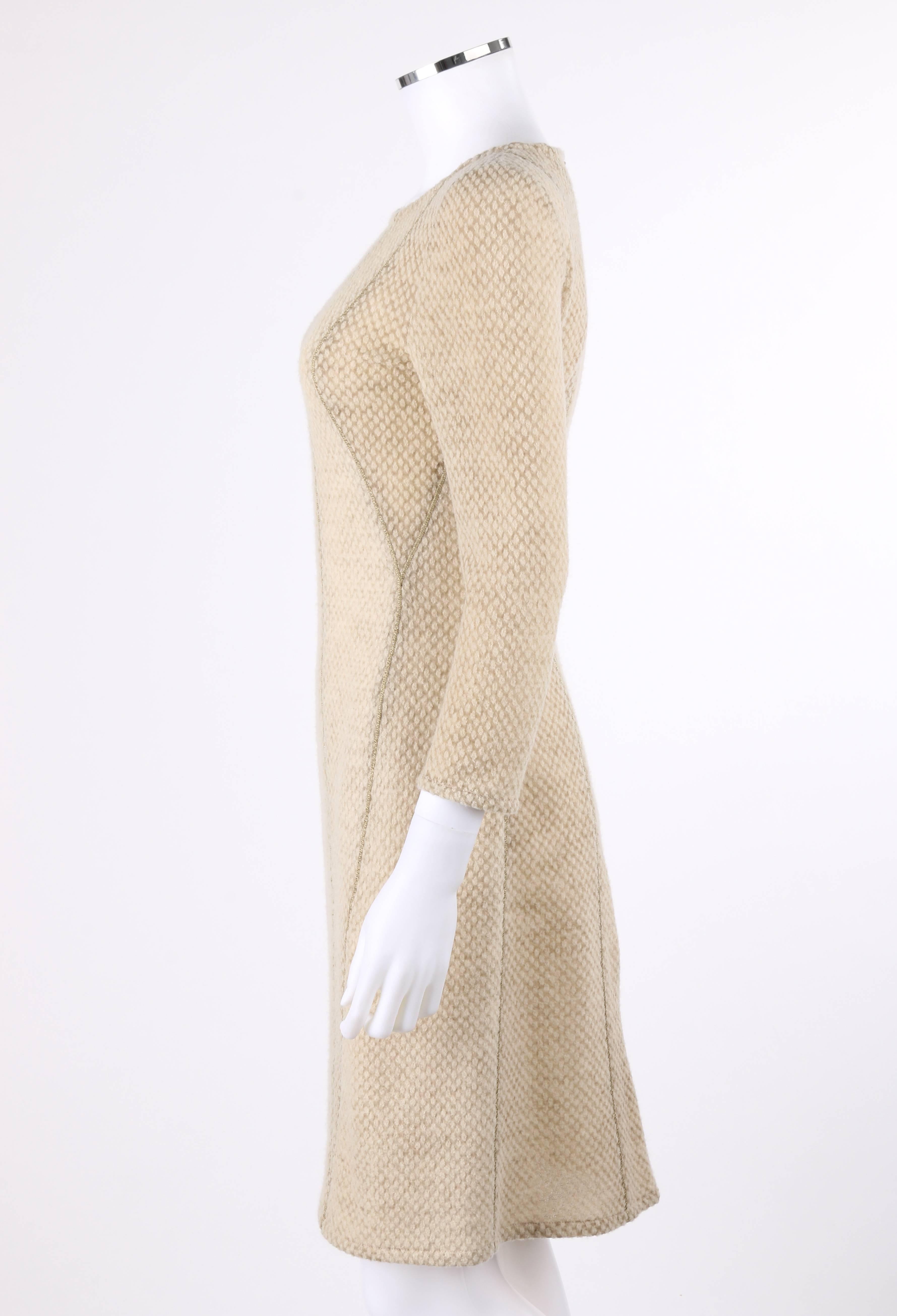 Women's BOTTEGA VENETA A/W 2011 Biege Textured Wool Gold Piped Panel Cocktail Dress For Sale
