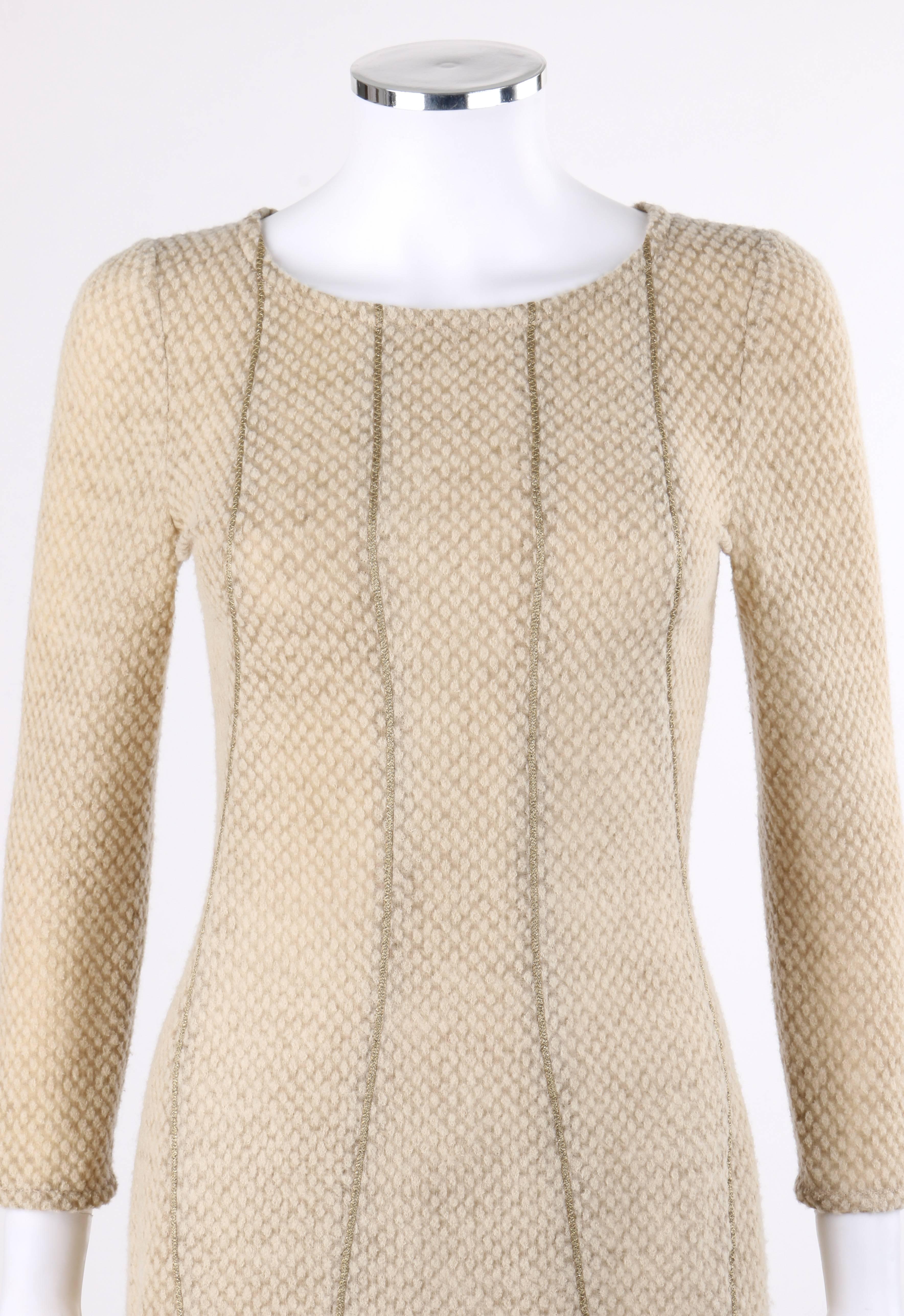 BOTTEGA VENETA A/W 2011 Biege Textured Wool Gold Piped Panel Cocktail Dress For Sale 1