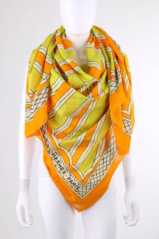 HERMES Giant Orange & Yellow Diagonal Striped Cotton Sarong Scarf Wrap Throw For Sale 5