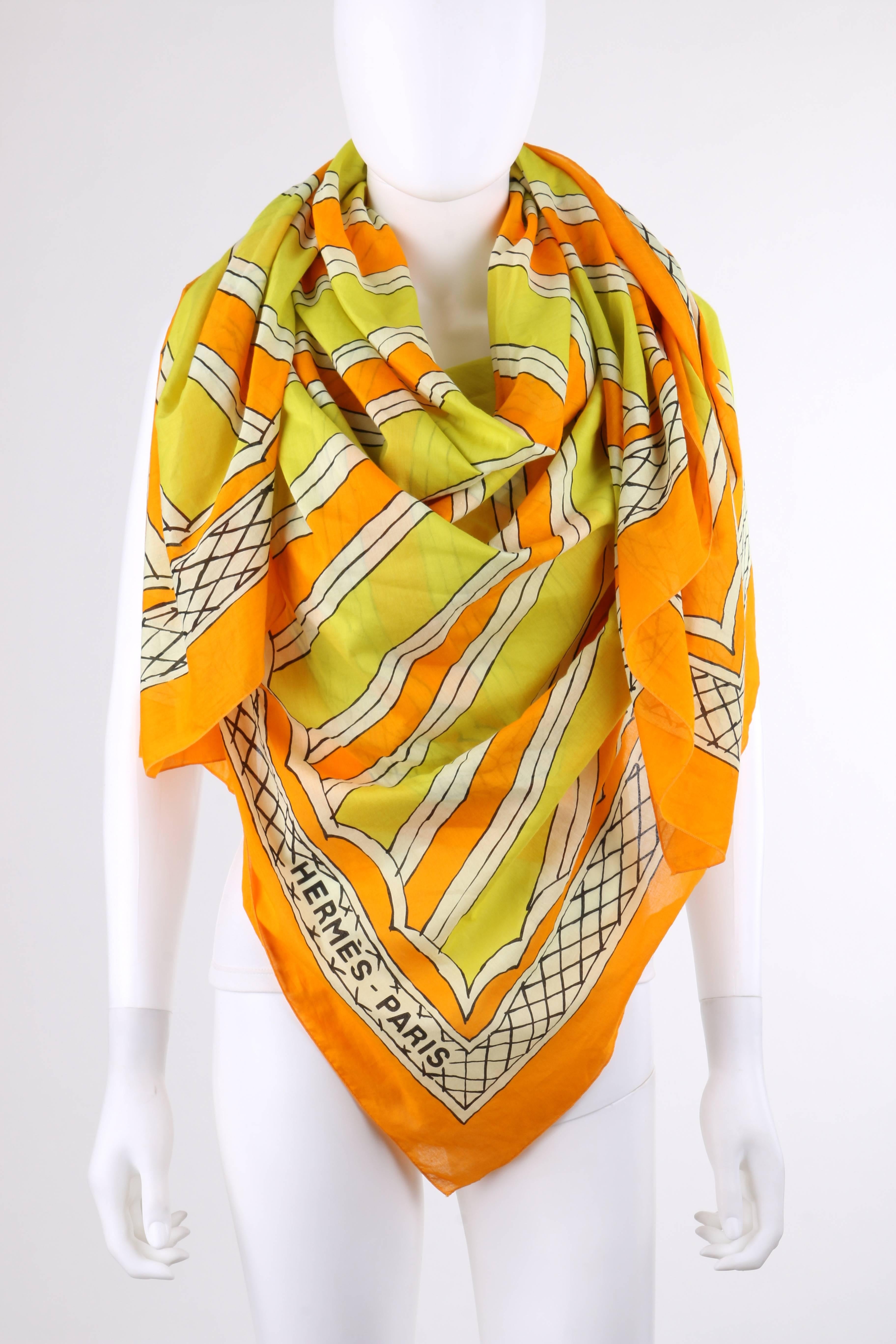 HERMES Giant Orange & Yellow Diagonal Striped Cotton Sarong Scarf Wrap Throw For Sale 2
