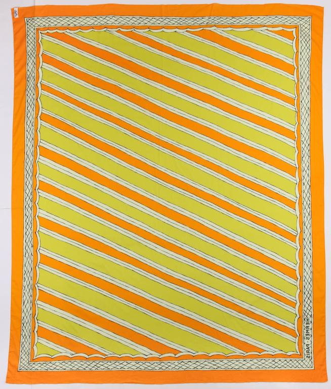 HERMES Giant Orange & Yellow Diagonal Striped Cotton Sarong Scarf Wrap Throw For Sale 2