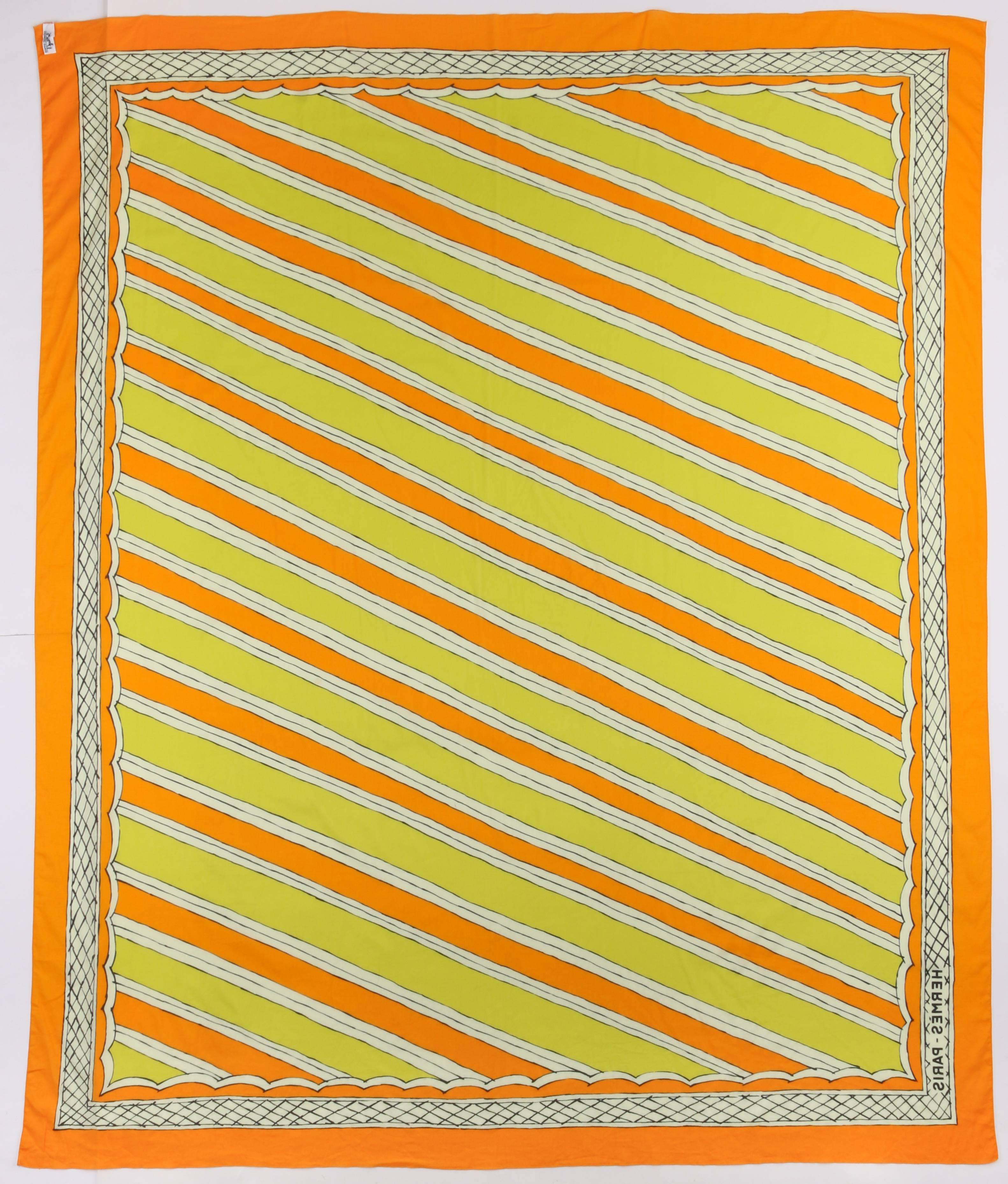 HERMES Giant Orange & Yellow Diagonal Striped Cotton Sarong Scarf Wrap Throw In Excellent Condition For Sale In Thiensville, WI