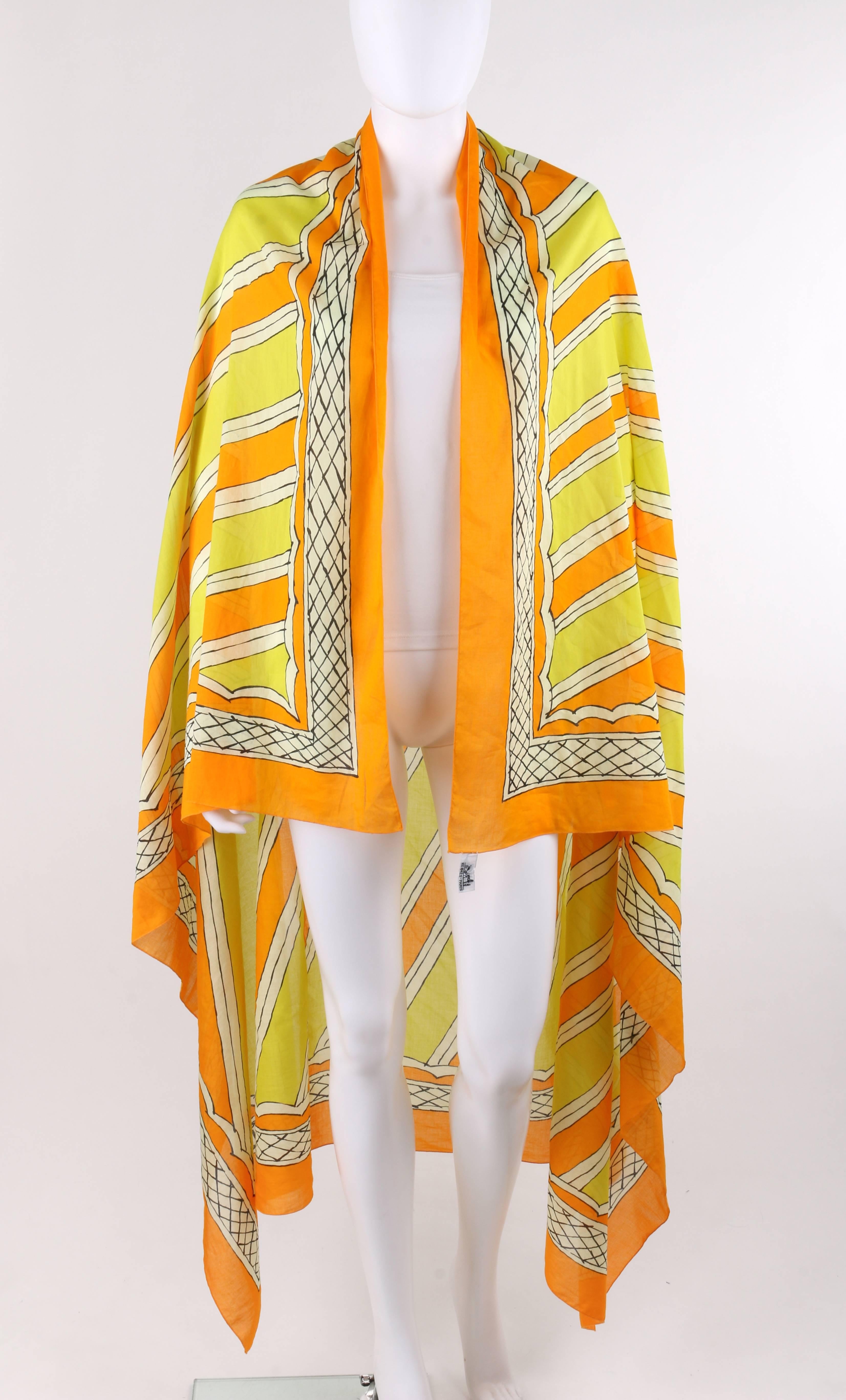 HERMES Giant Orange & Yellow Diagonal Striped Cotton Sarong Scarf Wrap Throw For Sale 1