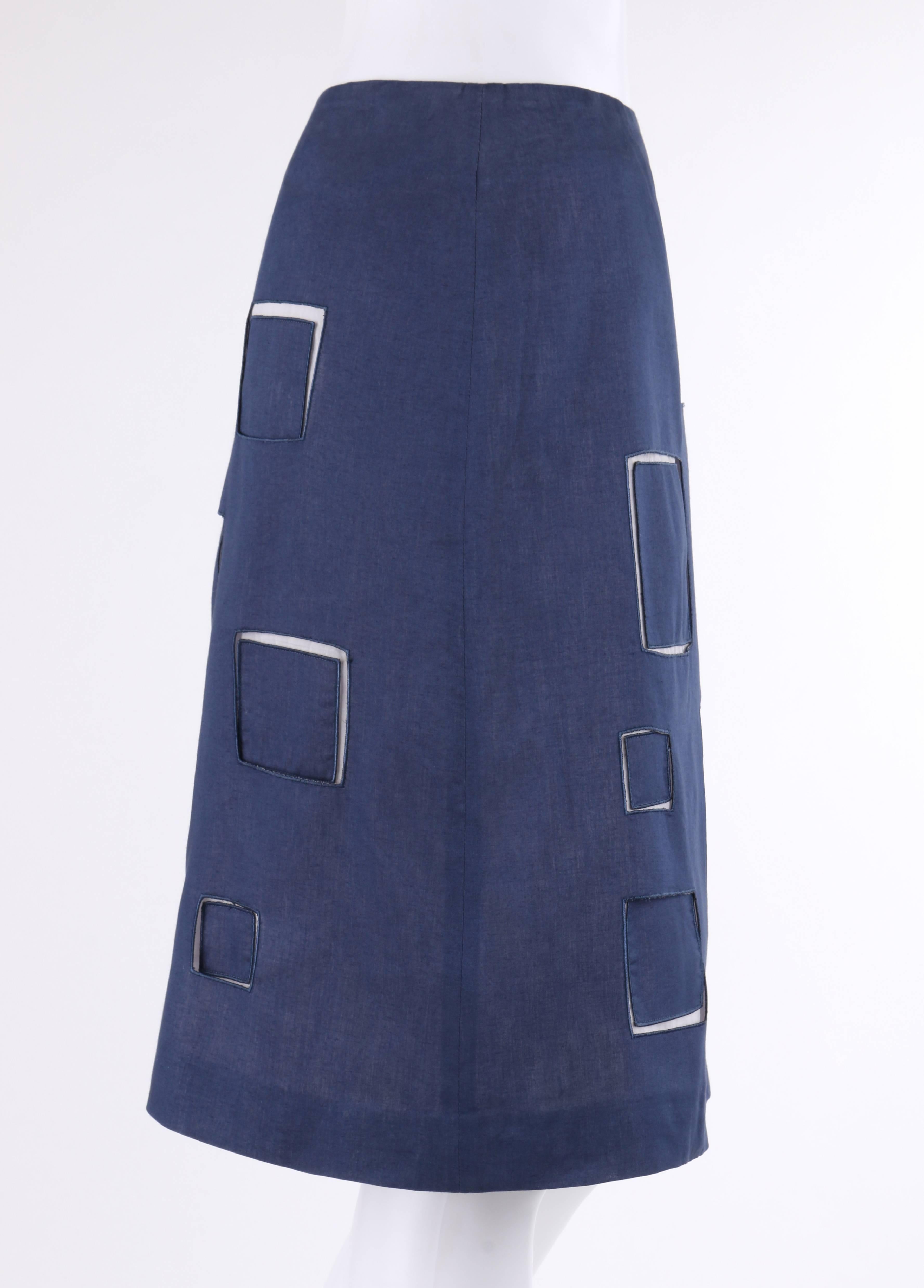 GIVENCHY Couture A/W 1998 ALEXANDER McQUEEN Blue Cotton Square Cut Work Skirt In Excellent Condition In Thiensville, WI