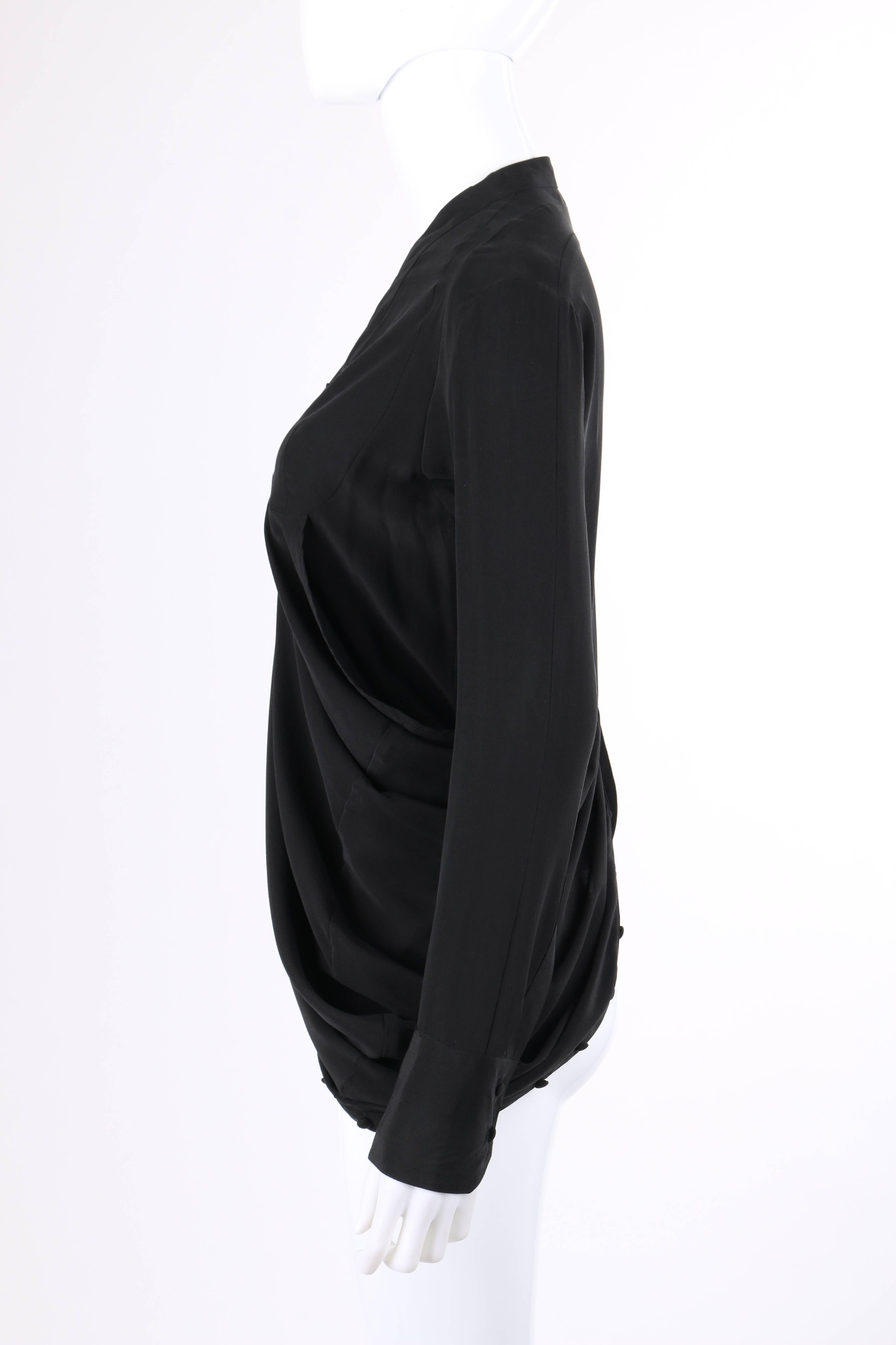 BALENCIAGA A/W 2009 Black Silk Asymmetrical Draped Button Front Blouse Top 2