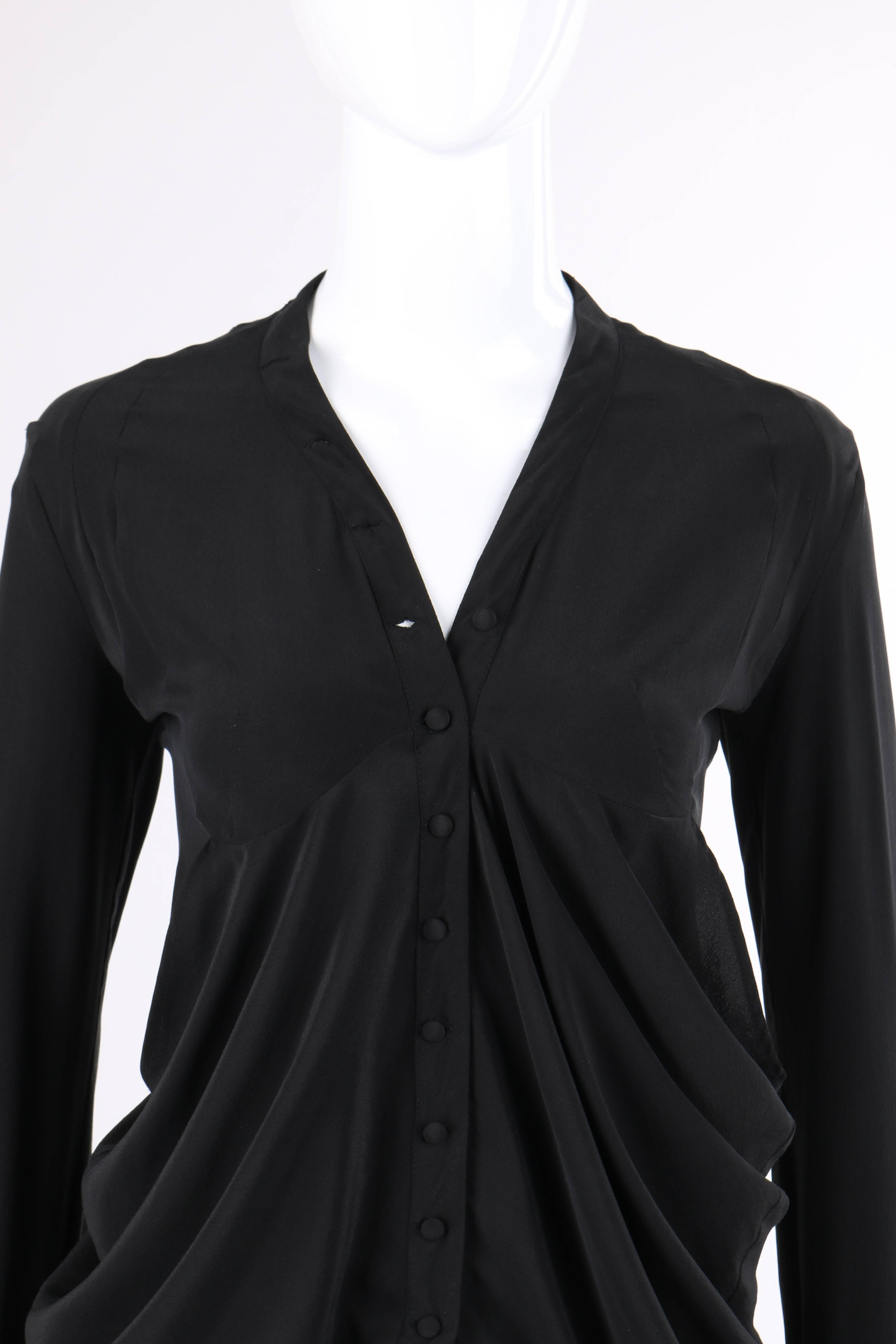 BALENCIAGA A/W 2009 Black Silk Asymmetrical Draped Button Front Blouse Top In Excellent Condition In Thiensville, WI