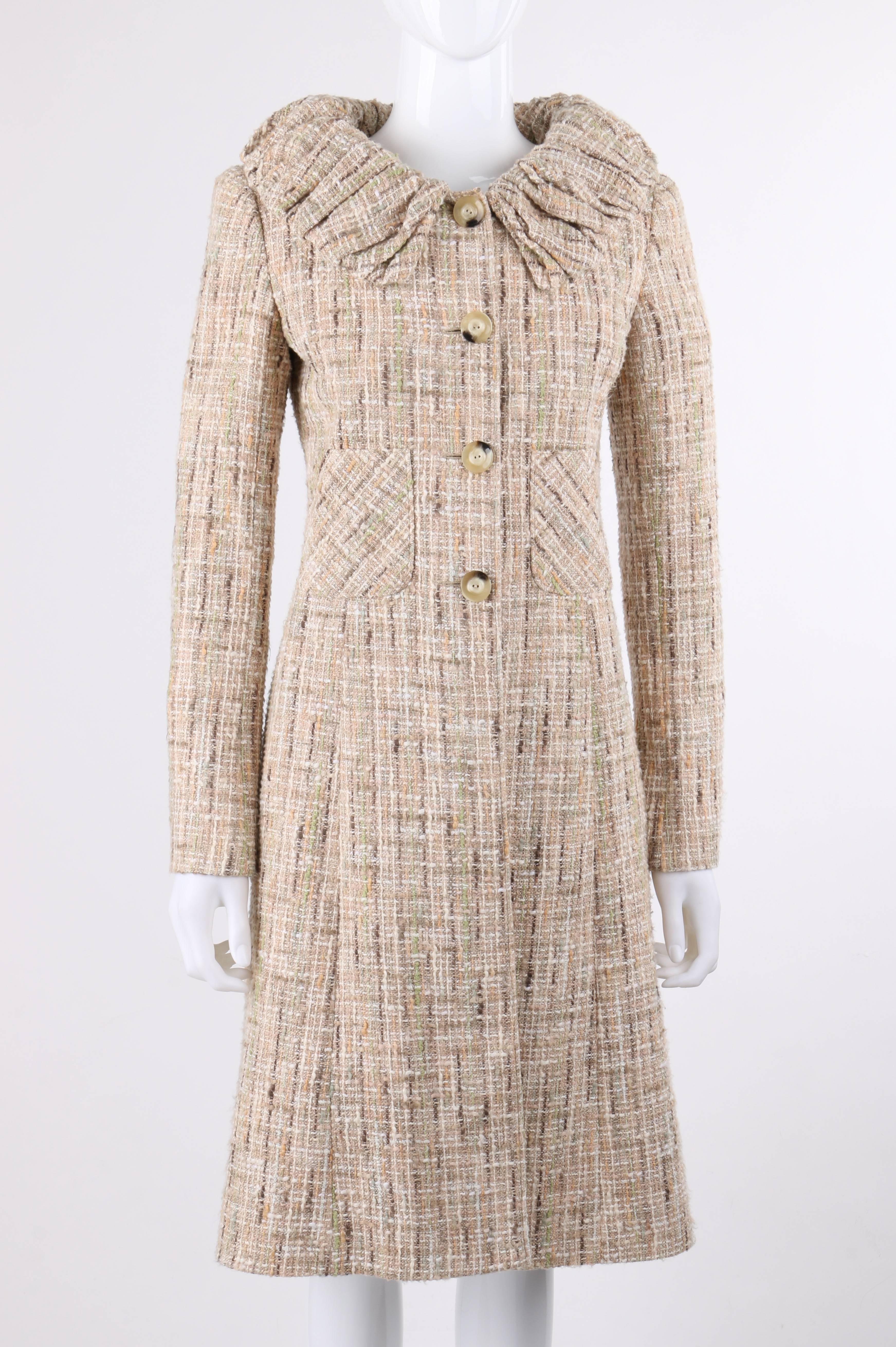 Valentino Autumn/Winter 2008 cotton blend tweed princess coat. Multicolor cotton tweed in shades of beige, cream, brown, green, blue, and peach. Large gathered peter pan collar. Four center front button closures. Long sleeves. Two front patch